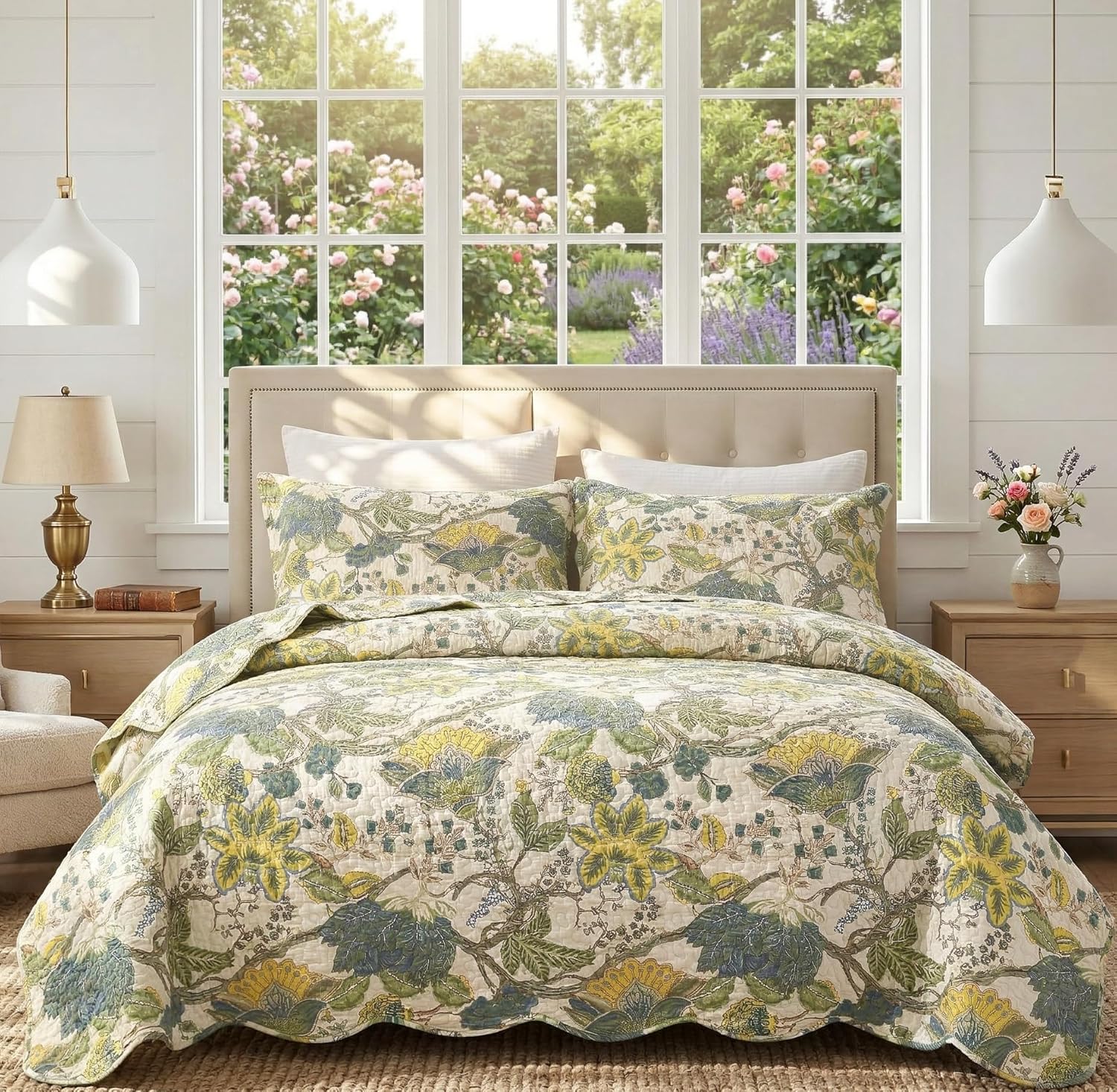 DURLENGEN Forest 100% Cotton Queen Quilt 3Pcs,Bohemian Reversible Leaves & Flowers Pattern on White, Luxury Lightweight Coverlet Sets for All Season(Queen 90x96,Forest)