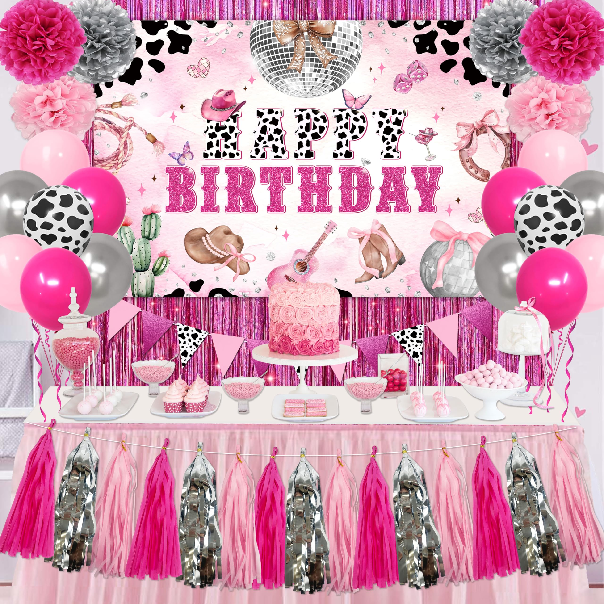 Cowgirl Birthday Party Decorations Disco Cowgirl Party Decorations Disco Cowgirl Happy Birthday Backdrop Hot Pink Cow Balloons Paper PomPoms Pink