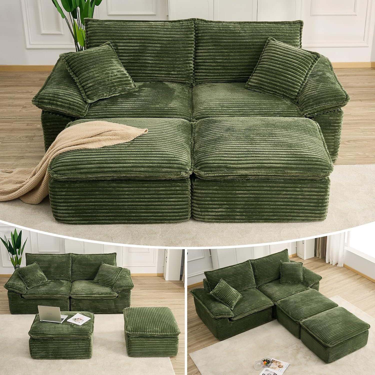 81" Oversized Double Chaise Lounges with 2 Ottoman Indoor, Green Cloud Modular Sectional Sofa with 2 Pillows & Sofa Bed, Corduroy Upholstered Comfy Sleeper Loveseat for Living Room, Office