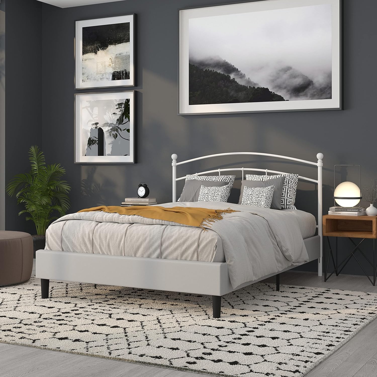 Flash Furniture Woodstock Decorative White Metal Queen Size Open Slat Headboard with Round Posts