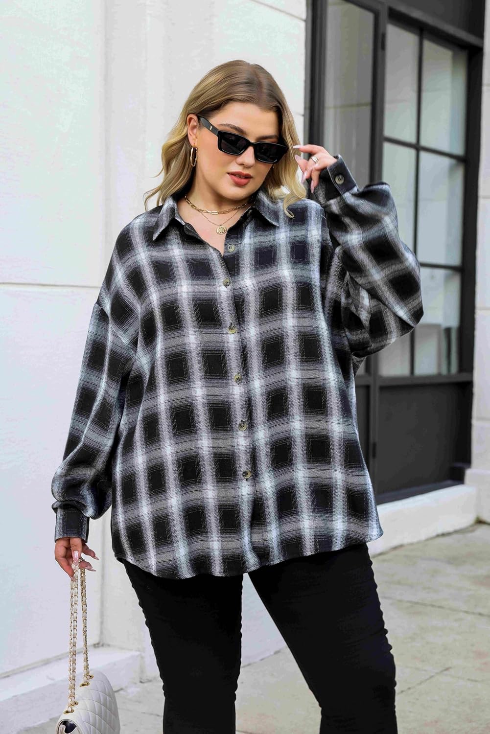 BLANCHES Plus Size Flannel Shirts for Women Lightweight Plaid Shirt Button Down Blouses Casual Boyfriend Shacket - Image 5