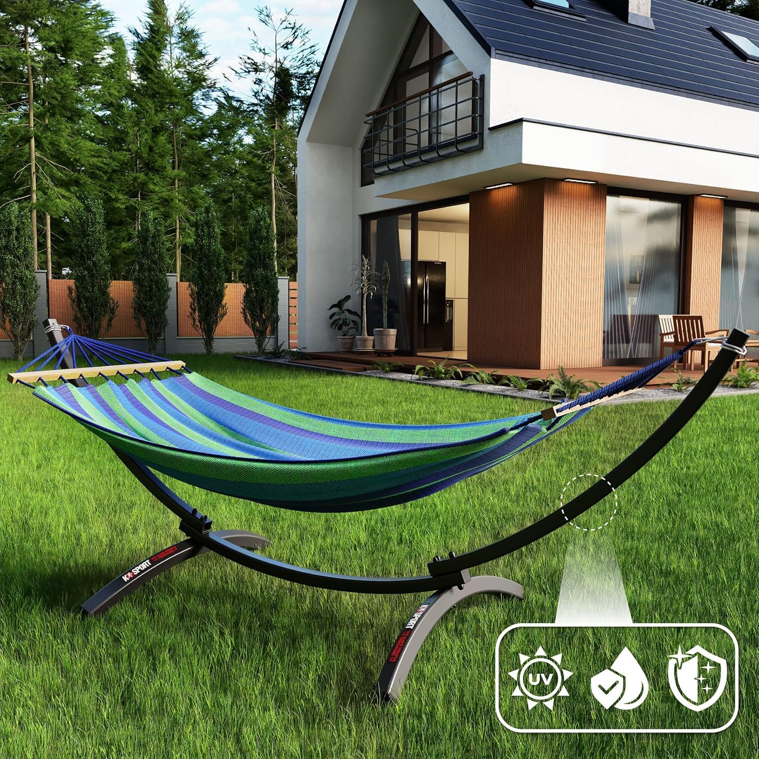 K-Sport: Große Outdoor-Hängematte mit Gestell bis 150 kg belastbarer Hängesessel I Hammock mit robustem Standrahmen I Garten-Schaukelbett für Außenbereich Garten