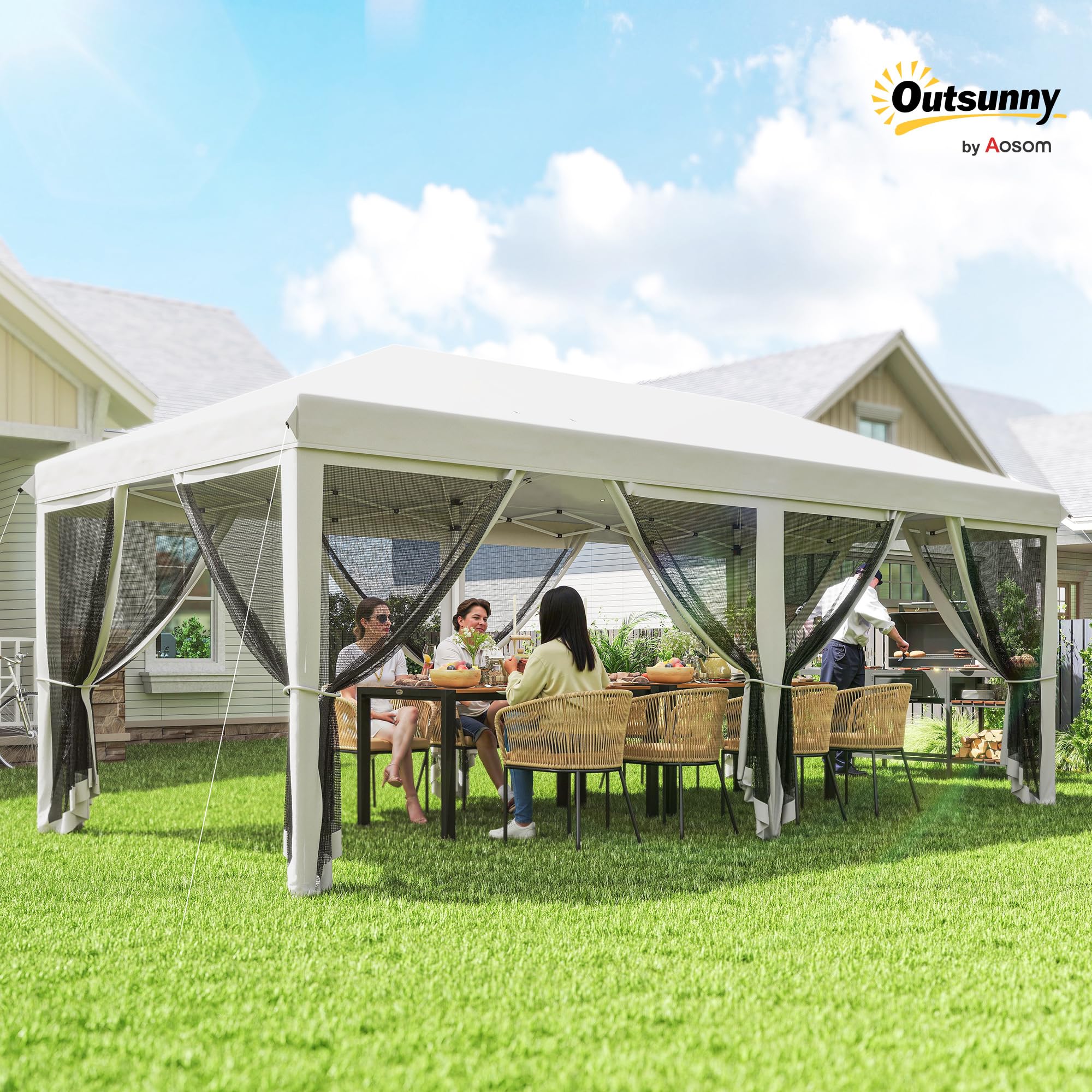 Outsunny Carpa Plegable Pop-Up Gazebo 6x3 m Cenador Plegable con 6 Paredes Laterales de Malla Anti-UV y Bolsa de Transporte para Camping Fiestas Crema