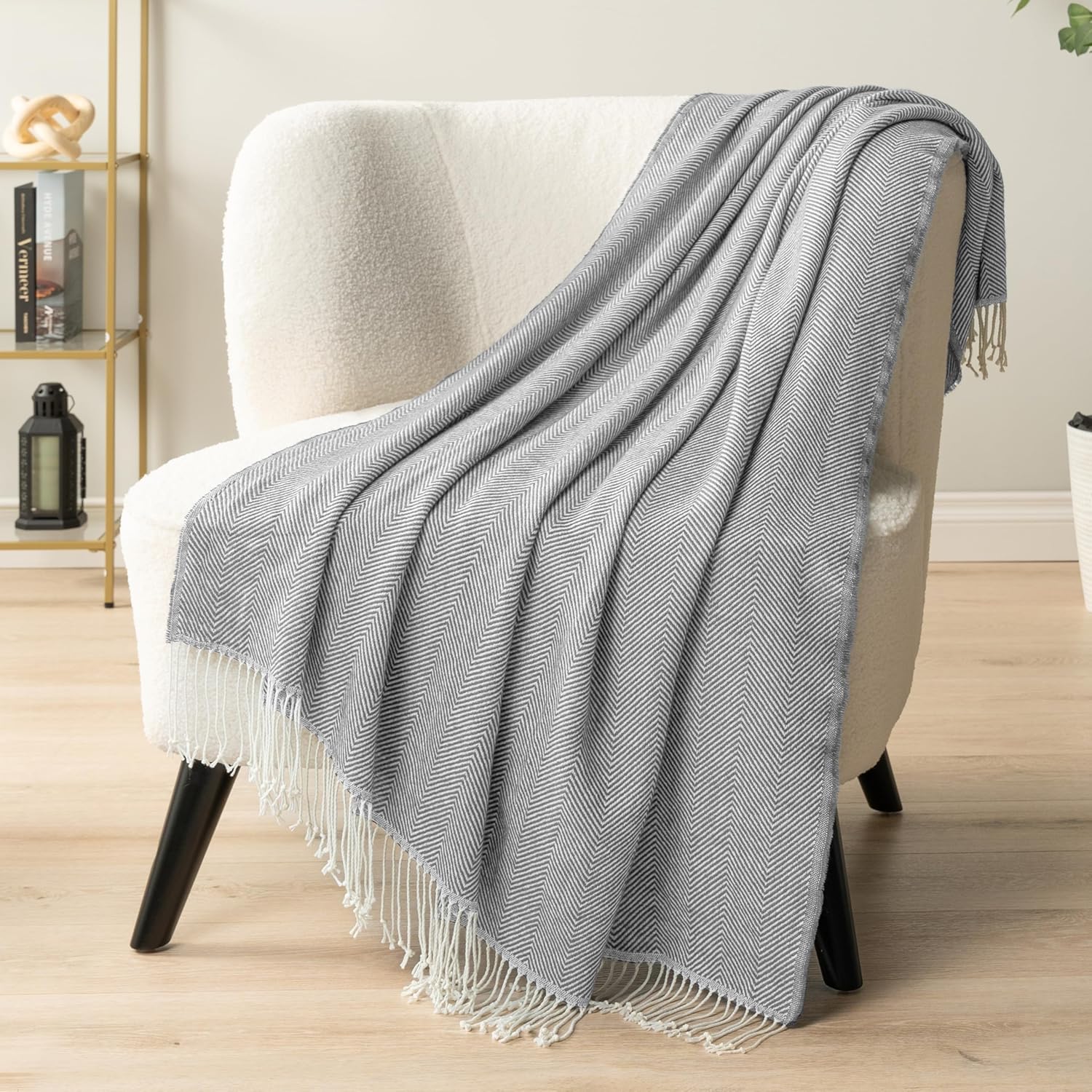 PAVILIA Light Gray Herringbone Throw for Couch, Decorative Outdoor Accent Blanket, Faux Cashmere, 50x60 - Image 5