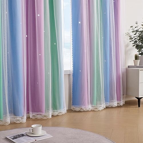 Miniatura 41 de XiDi - Cortinas rosas y grises para dormitorio de niñas, calcomanías de pared de unicornio, cortina verde, oscurecimiento de habitación, opaca, 63