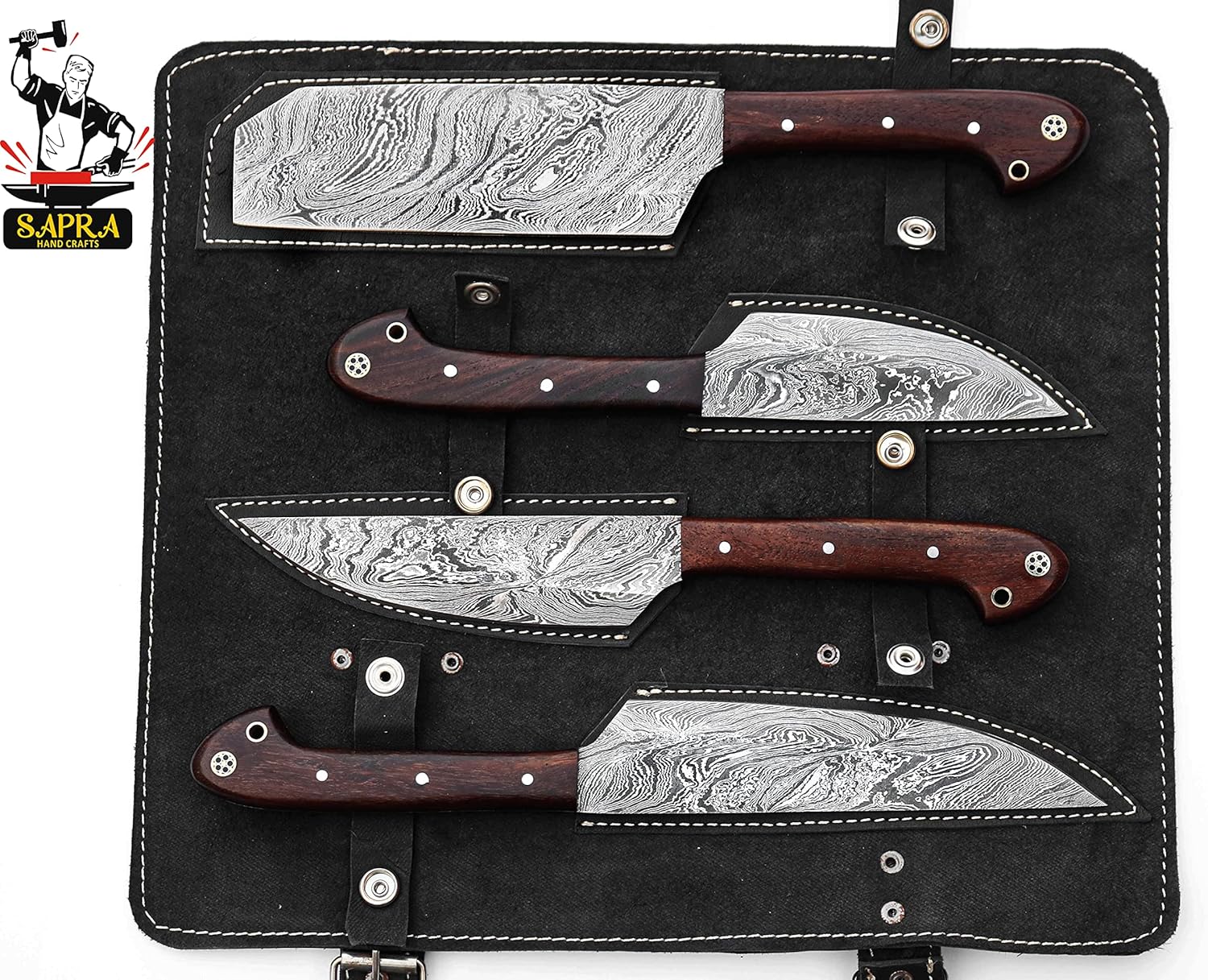 Sapra Hand Forged Custom Made Damascus Steel 4 Pcs Outdoor BBQ Professional Utility knives chef knife set for kitchen with Handmade Leather Roll Bag P-2090-R-KCS
