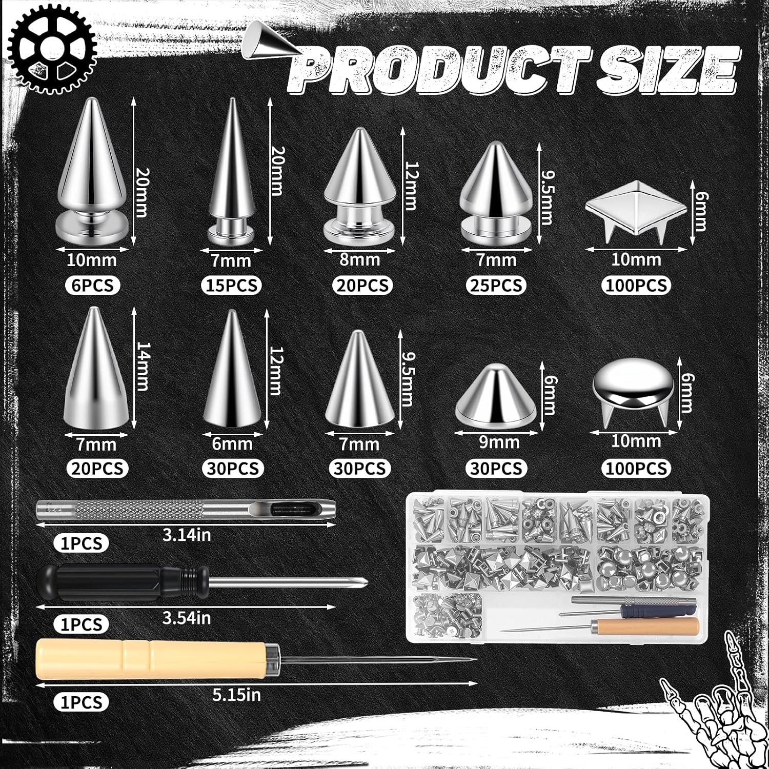 556 PCS Punk Studs for Clothing,Square Pyramid Studs Round Dome Rivets,10 Size Metal Spikes and Studs Leather Rivets for Craft,DIY Punk Style Decoration for Clothes Shoes Belts Dog Collar