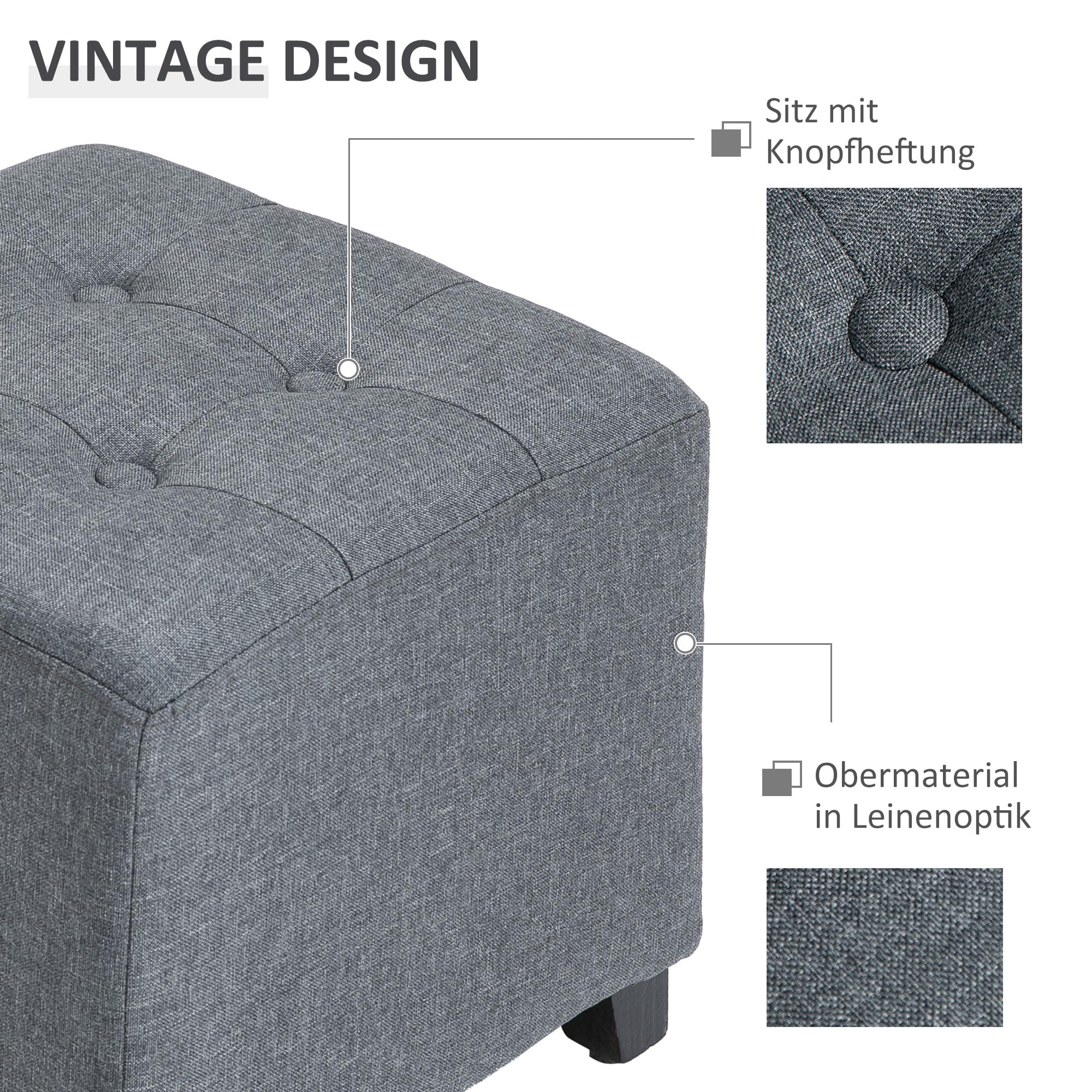 Pouf Repose-pieds HOMCOM Rectangulaire - Tissu Aspect Lin, Bois D'hévéa, 42x32x46.5cm, Beige, Charge 120kg