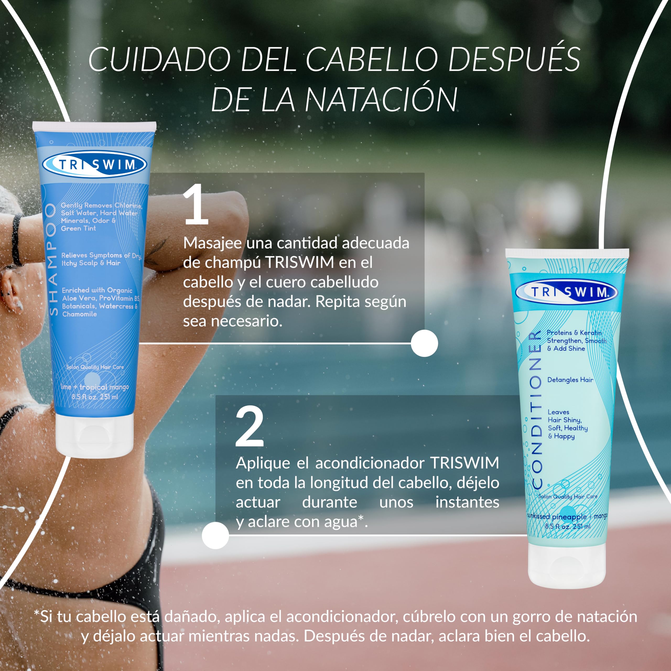TRISWIM - Lote de champú y acondicionador para después de nadar, tratamiento capilar anticloro para nadadores, elimina el tinte verde, vegano y libre de crueldad animal (251+250 ml)