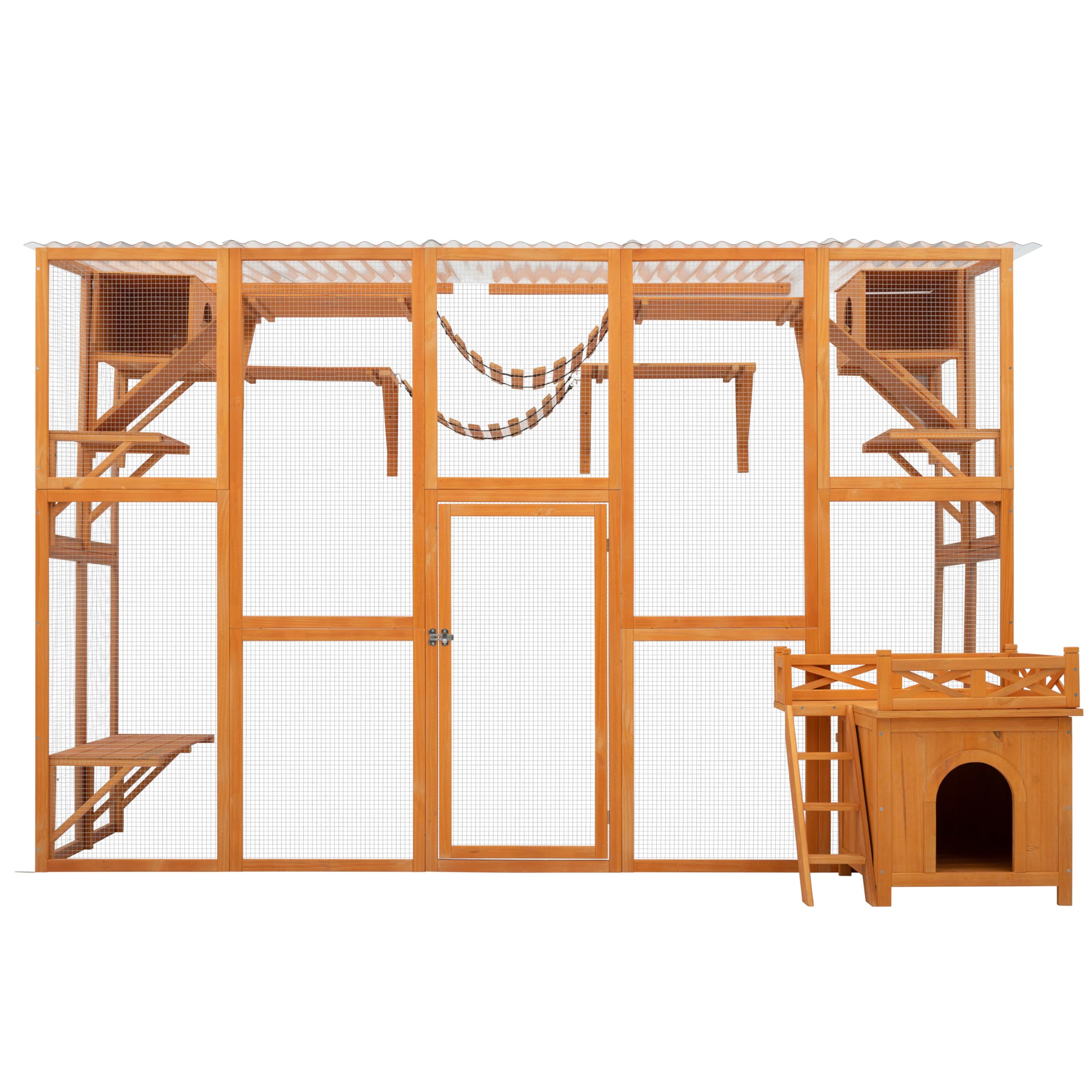 Merax 118 Inch Wooden Catio Outdoor Cat Enclosure,Large Luxury Kitty-House with 6 Jumping Platforms, 2 Bridges & Transparent PVC Roof, Kitty Kennel