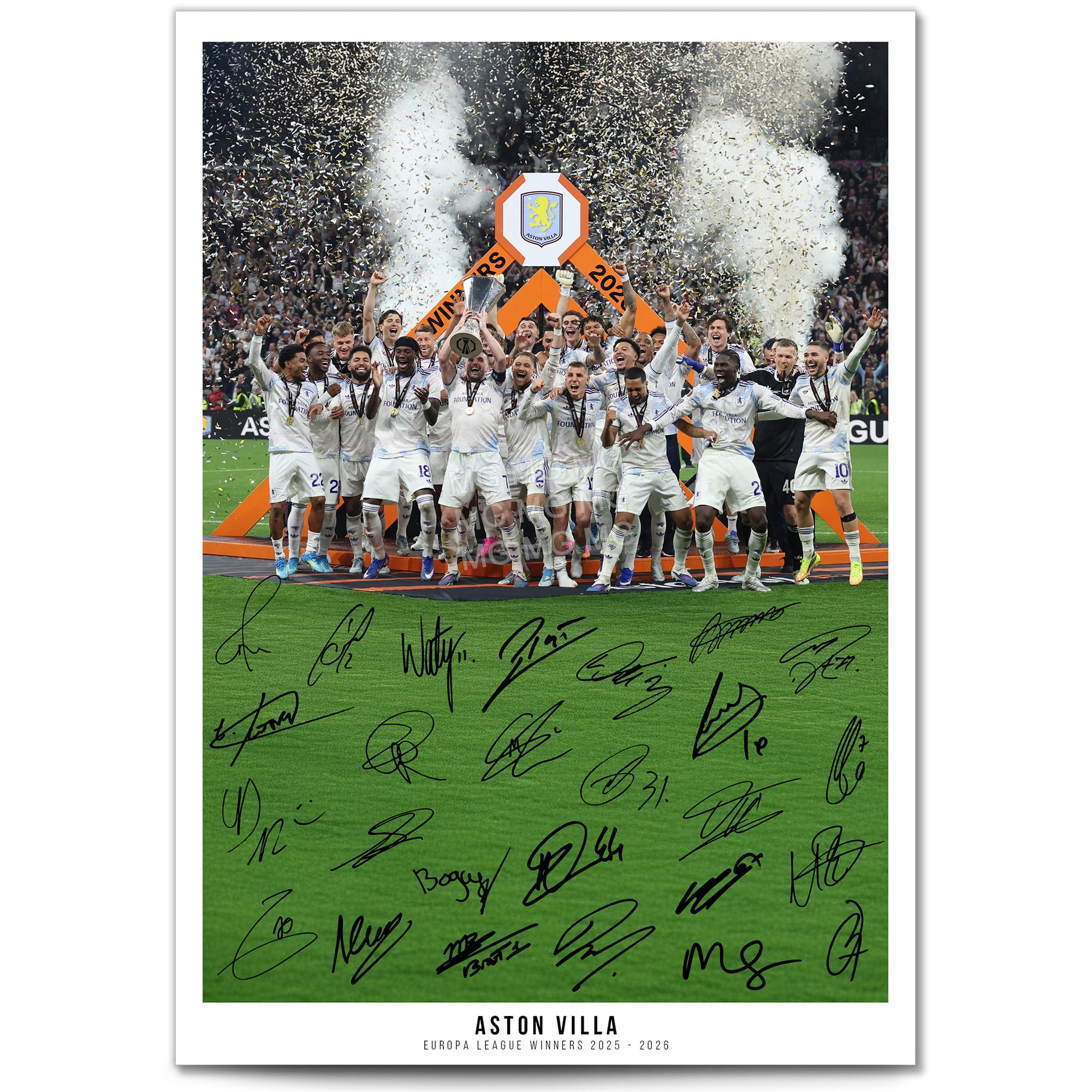 Aston Villa Europa League Winners 2025-2026 Team Squad Signed Poster Print Framed Picture Photo Autograph Gift 25/26 Ollie Watkins Morgan Rogers Mcginn (Europa 2026, A3 Print (Unframed))