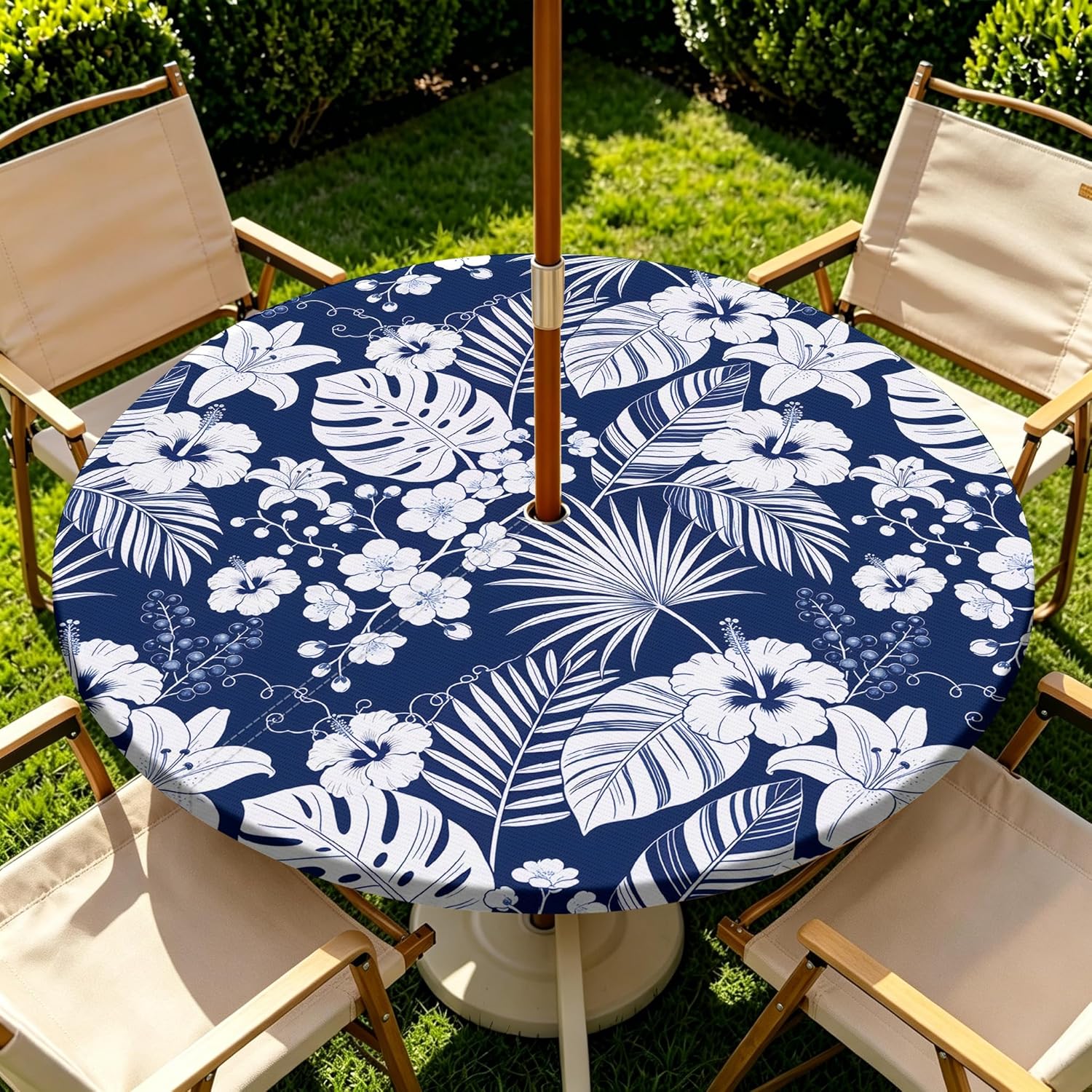 Blue Hibiscus Round Outdoor Tablecloth with Umbrella Hole - Waterproof Fitted Table Cover with Hidden Zipper and Elastic Edge for Patio Picnic Garden - Wipeable Reusable Circle Tablecloth, 45-52 Inch