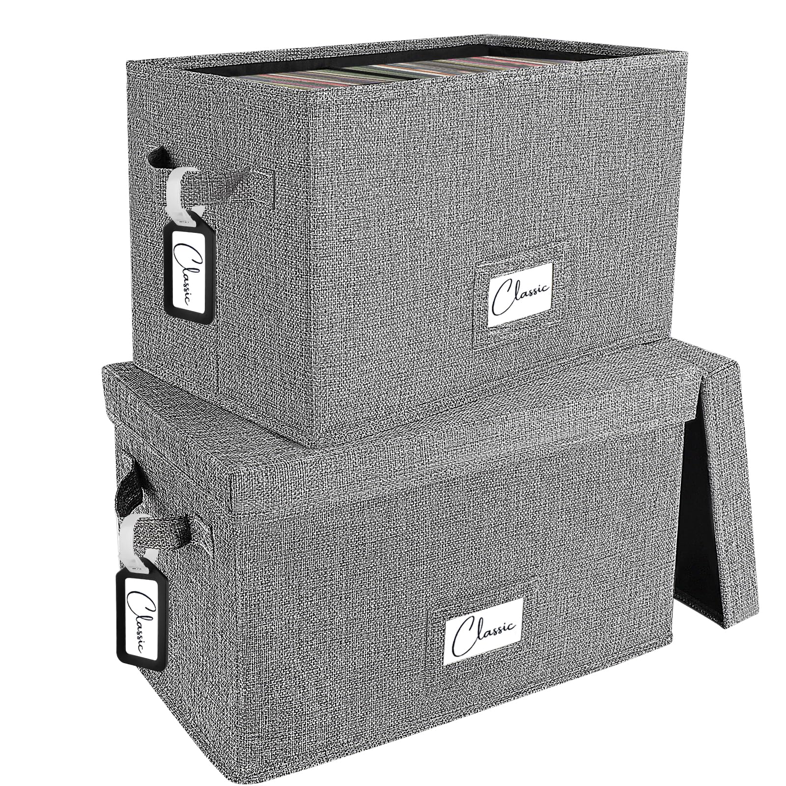 Woodoulogy Vinyl Record Storage Box Set of 2, for 7"/45 RPM LPs, Grey Case with Lid Holds up to 160 Albums