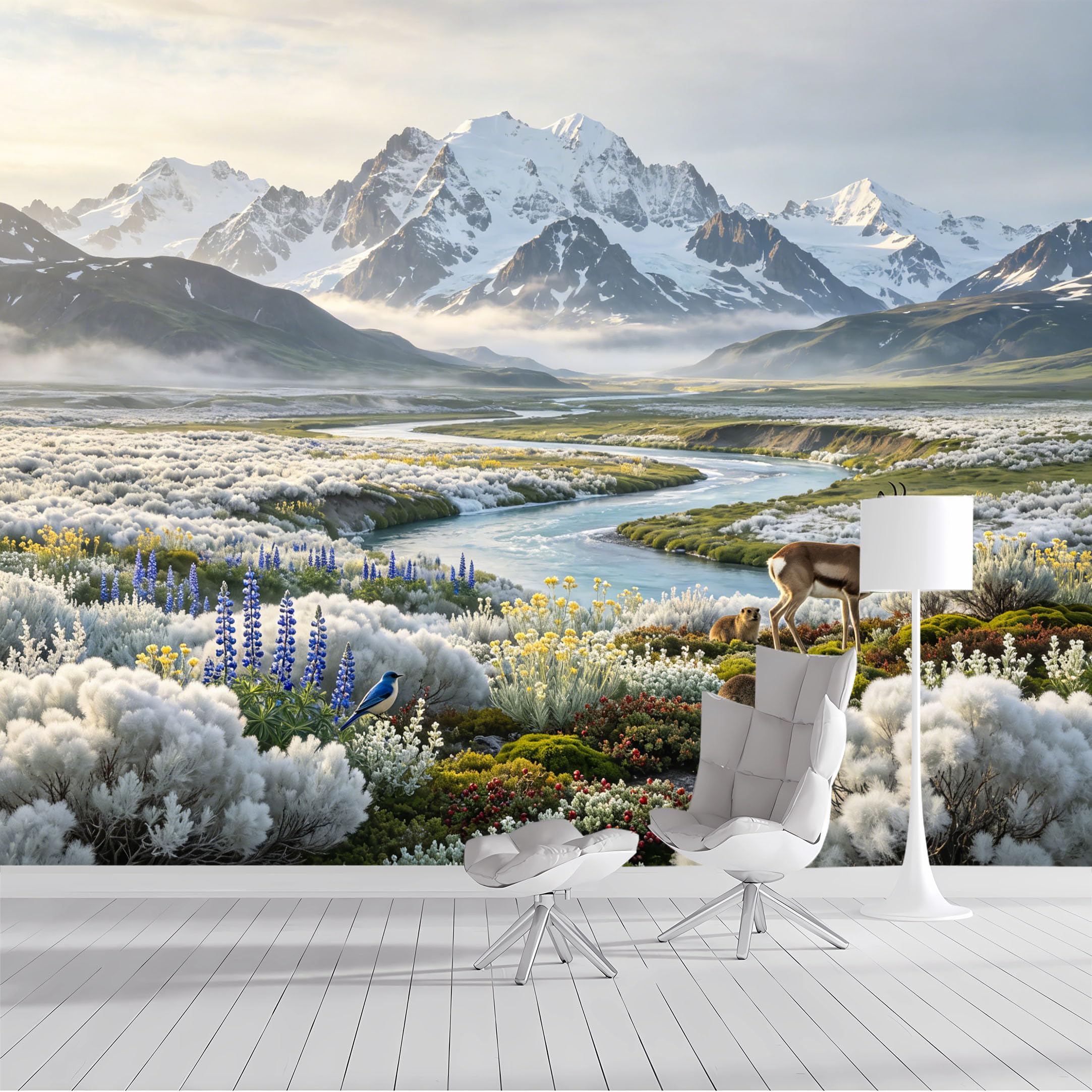Custom Size Wall Mural Snowy Mountain River Landscape Wildlife Botanical Floral Watercolor SelfAdhesive Wall Fabric Removable Peel and Stick Wallpaper for Living Room Bedroom Bathroom