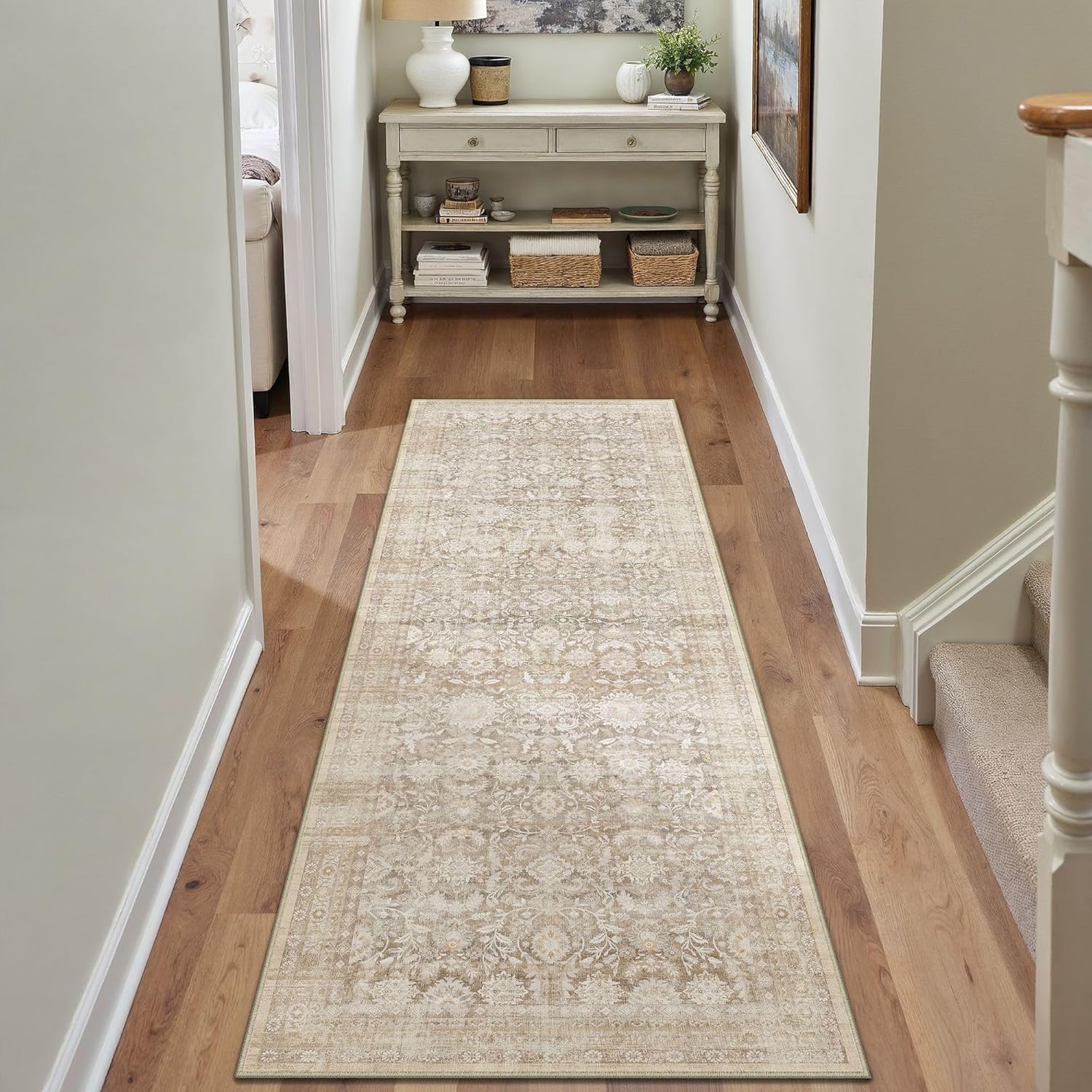 2x6 Beige Washable Floral Hallway Runner Rug Kitchen Vintage Low Pile Non Slip Area Rug Soft Stain Resistant Carpet Distressed Door Mat Entryway Bedroom Living Room Indoor Stair