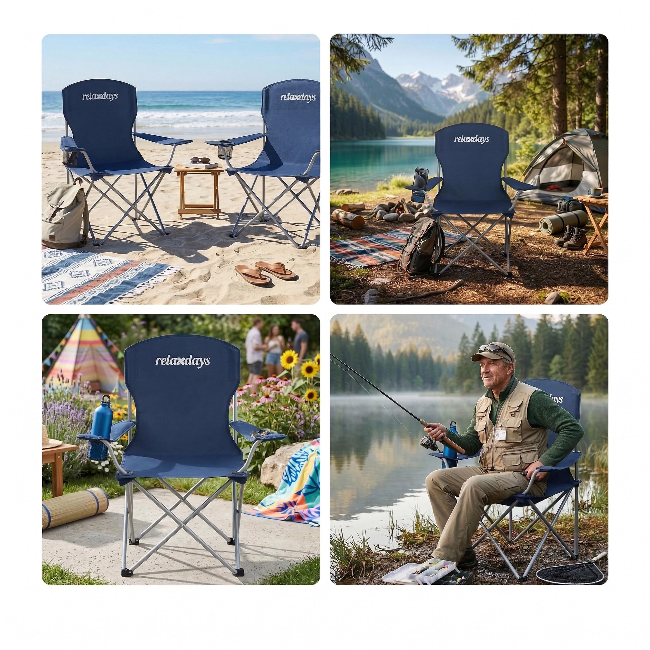 Relaxdays Sedie da Campeggio, Set 2pz, Pieghevoli, Borsa, portabevande, 150 kg, Poliestere, Blu