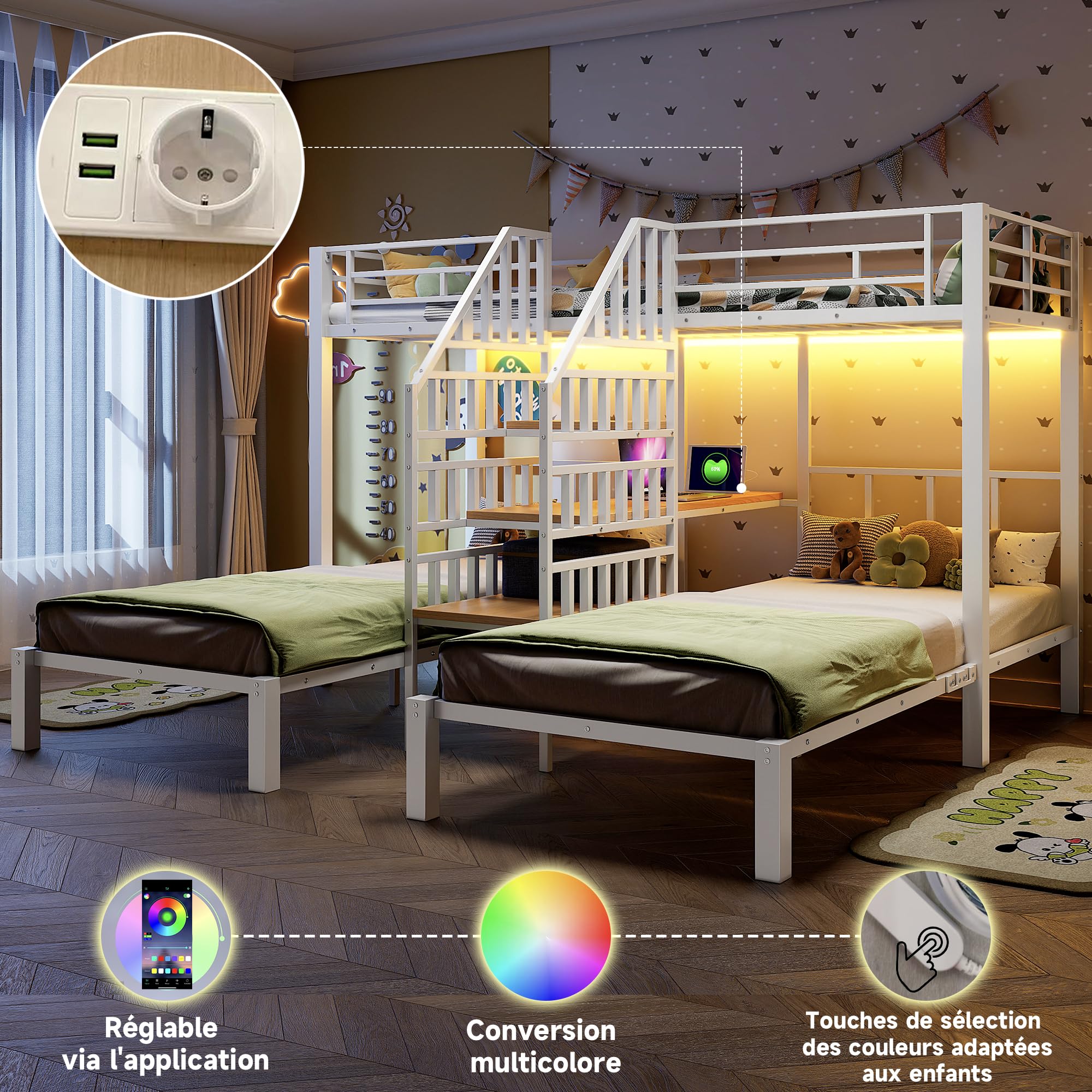 Soweiz Letto a castello 90 x 200 cm, 3 letti, con striscia luminosa a LED, scala integrata con vano portaoggetti, 2 porte USB + 1 presa con scrivania, senza materasso (bianco)