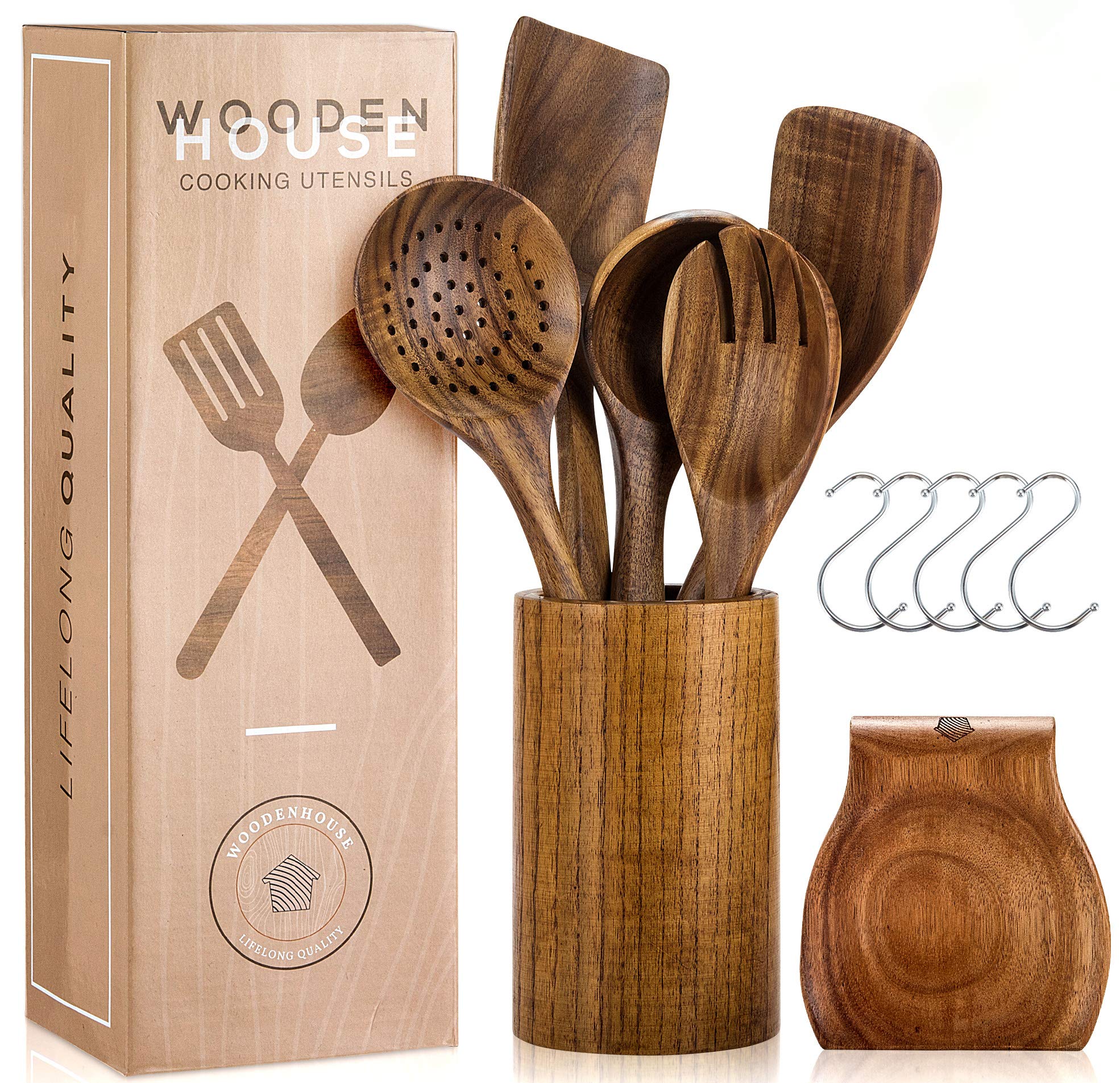 Wooden Utensils for Cooking Set with Holder, Natural Nonstick Teak Wood Spoons Spatula and Spoon Rest, Cookware for Kitche...