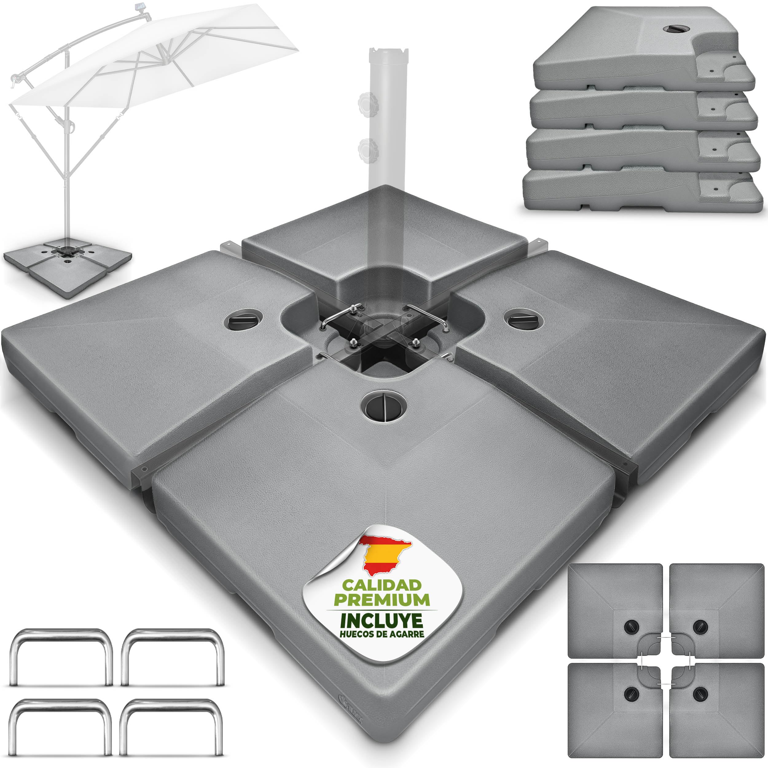 tillvex Soporte para sombrilla de 90 l/120 kg, 4 Piezas, Incluye Conector de Metal, Peso de la sombrilla rellenable con Agua o Arena, Resistente a la Intemperie
