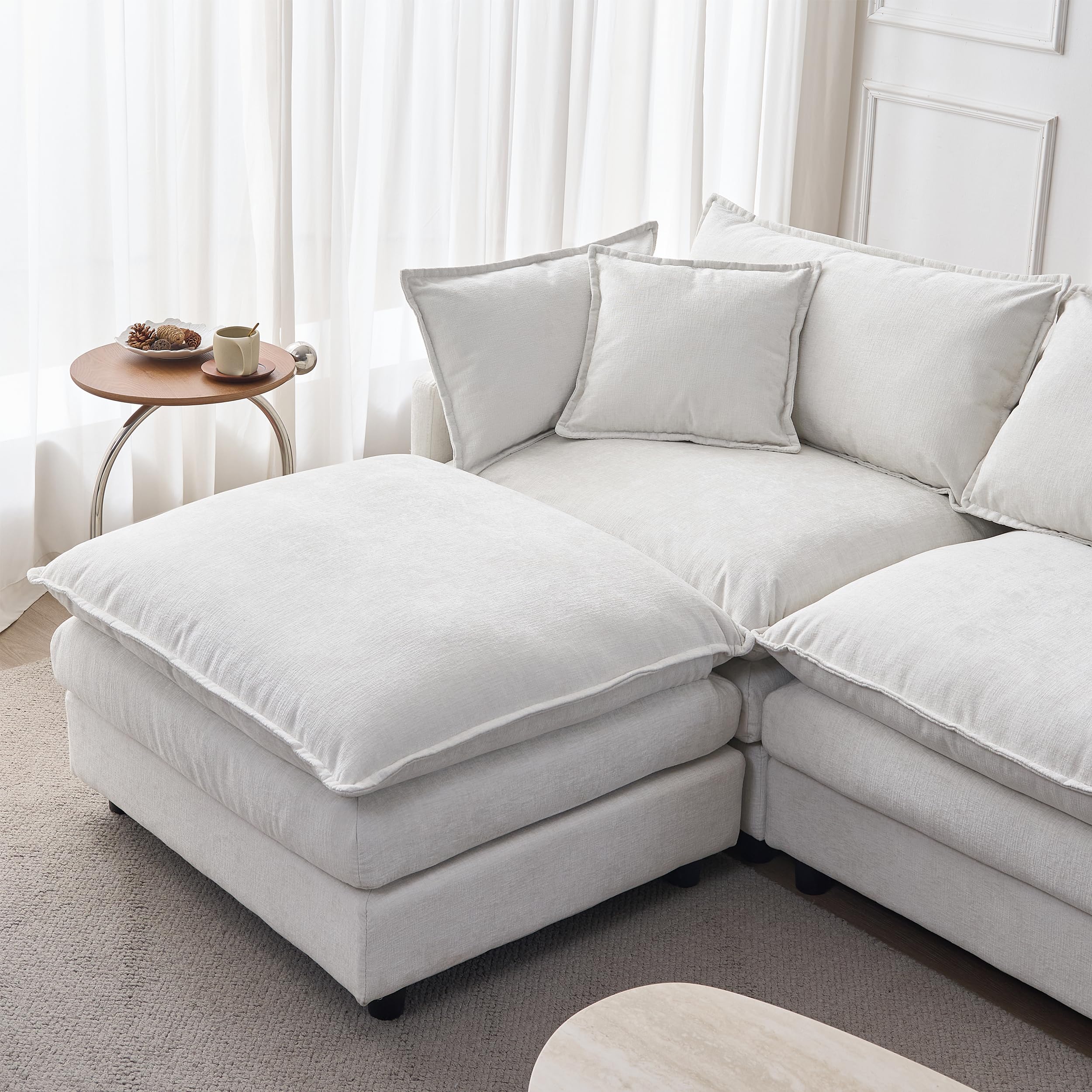 Muskel Sofá esquinero modular de chenilla premium, sofá de 3 plazas en forma de L con chaise longue y taburete, para apartamentos pequeños, sala de estar y salón, cómodo sofá de salón