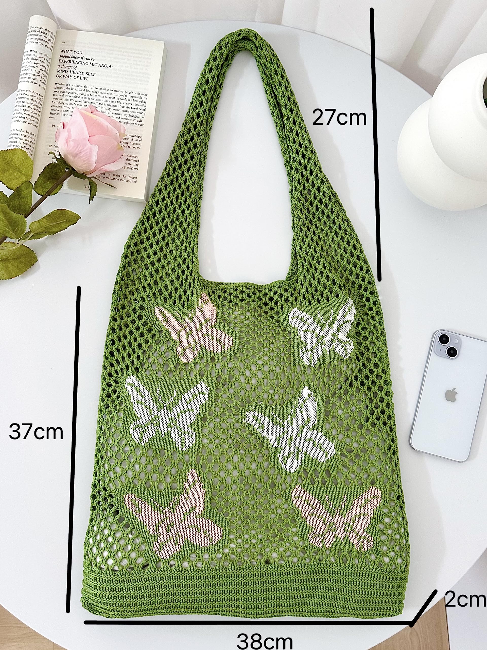 ENBEI boho Bags, Shoulder knit bag, y2k Tote bag aesthetic,Crocheted tote cute for women,hippie gifts (Green with six butterflies)