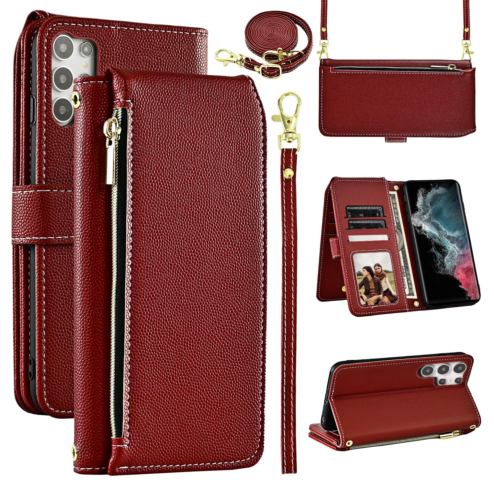 Furiet Luxury Wallet Case for Samsung Galaxy S25 Ultra 5G with Wrist Strap Shoulder Strap Slim Flip Zipper Purse, Card Slots Card Holder Stand Cell