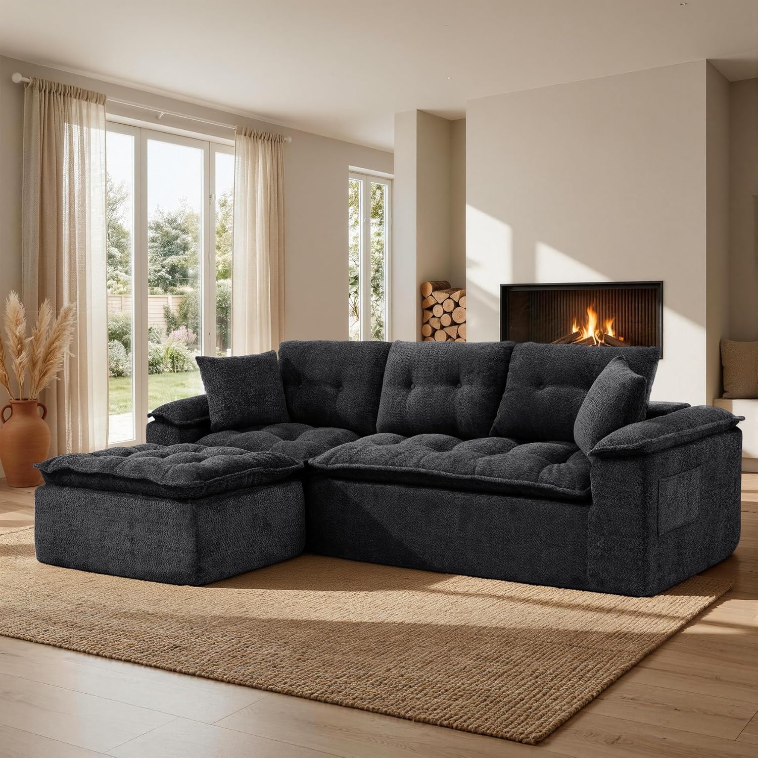 110" Modular Sectional Sofa, Cloud Sectional Couch with Ottoman, Modern L Shaped Sofa with Deep Seat, Upholstered Boneless Couch for Living Room with Layered Cushion, No Assembly, Black