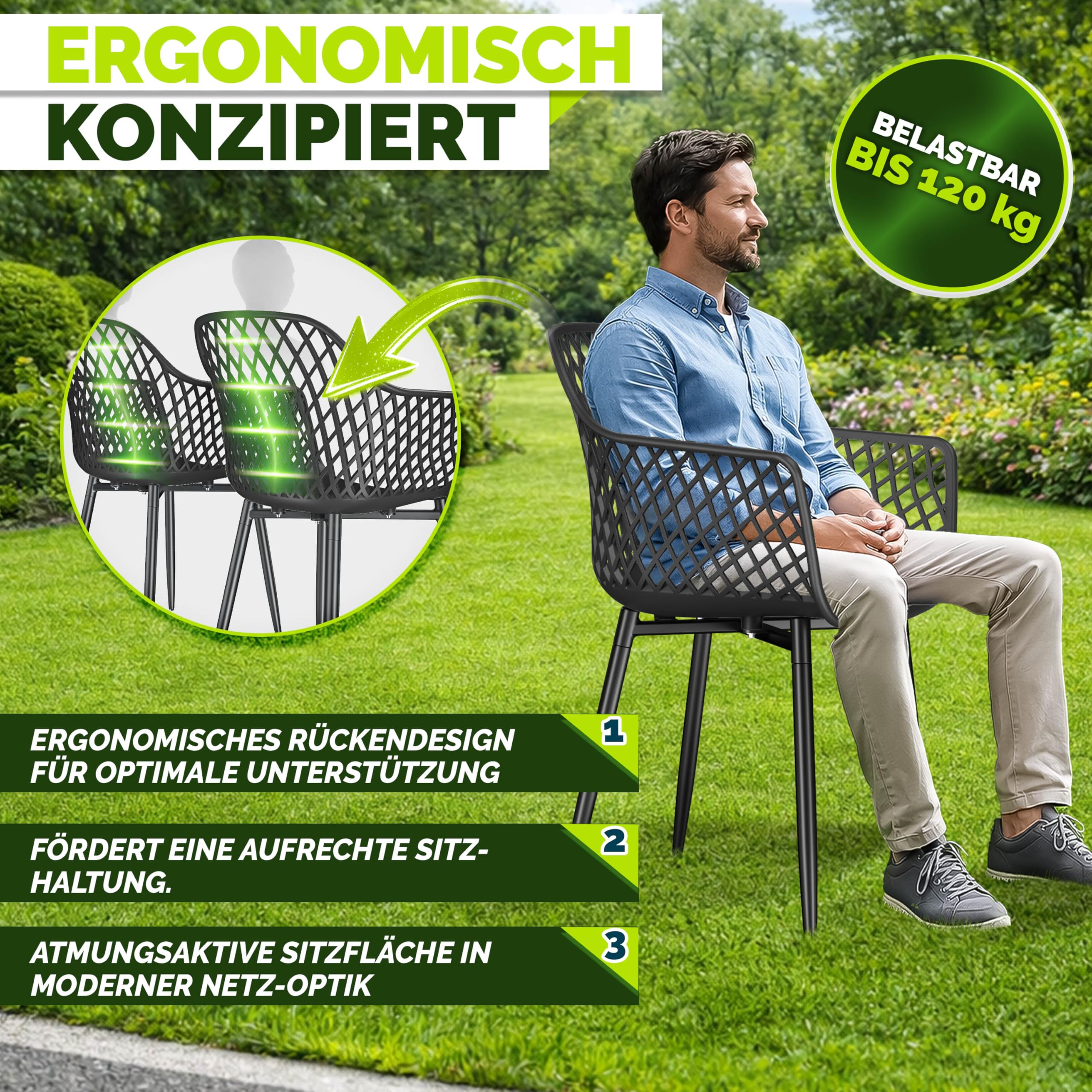 tillvex® Gartenstuhl 2er Set Wetterfest mit Armlehne | Outdoor Stühle bis 120kg belastbar | Gartenstühle UV-beständig | Terrassenstuhl Gartenmöbel Terrasse Balkon Outdoor Garten