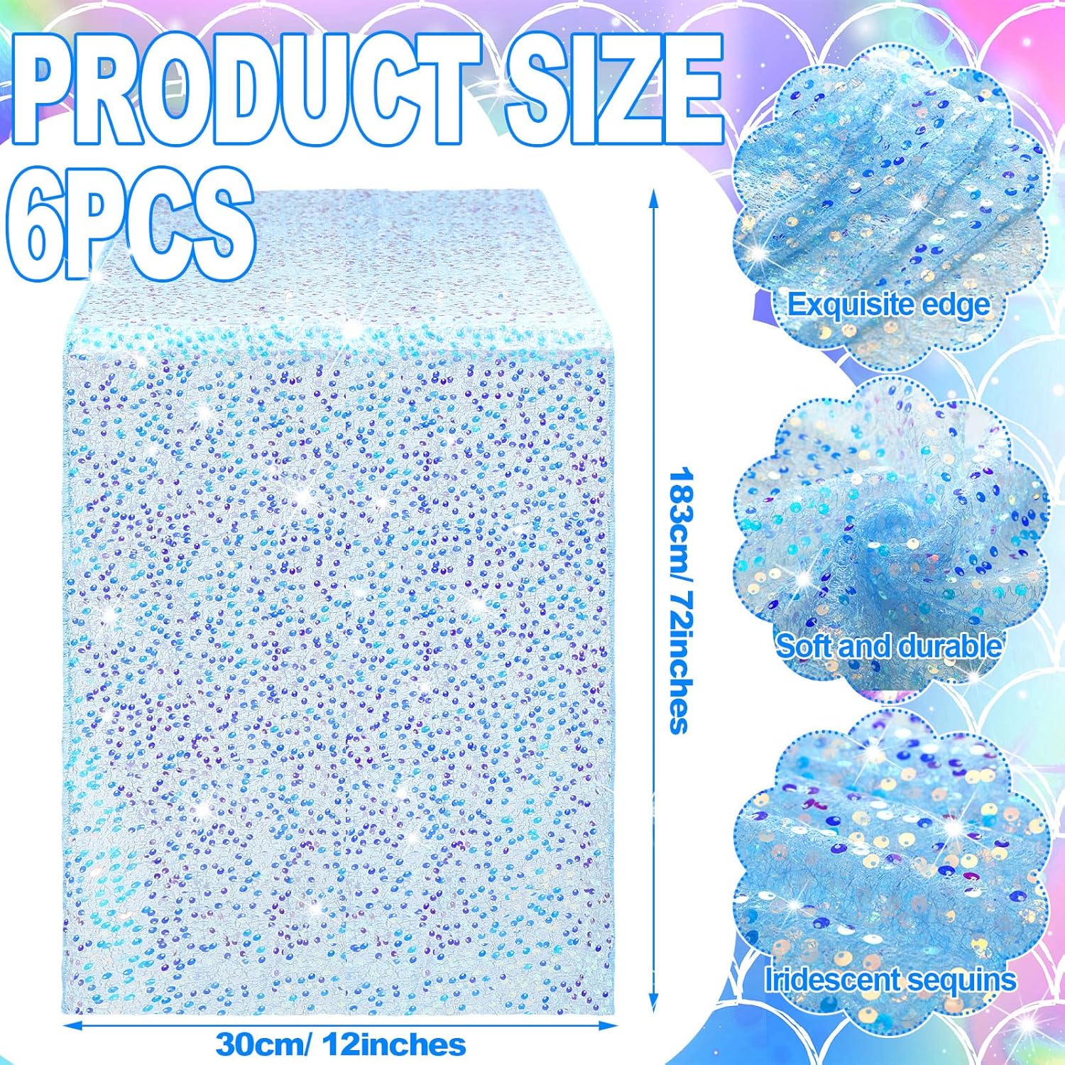 6 pcs iridescent sequin table runner 12 x 72 inch mermaid table runner glitter sequin sparkly desk cover for wedding birthday party ceremony supplies decor (blue) blue 6