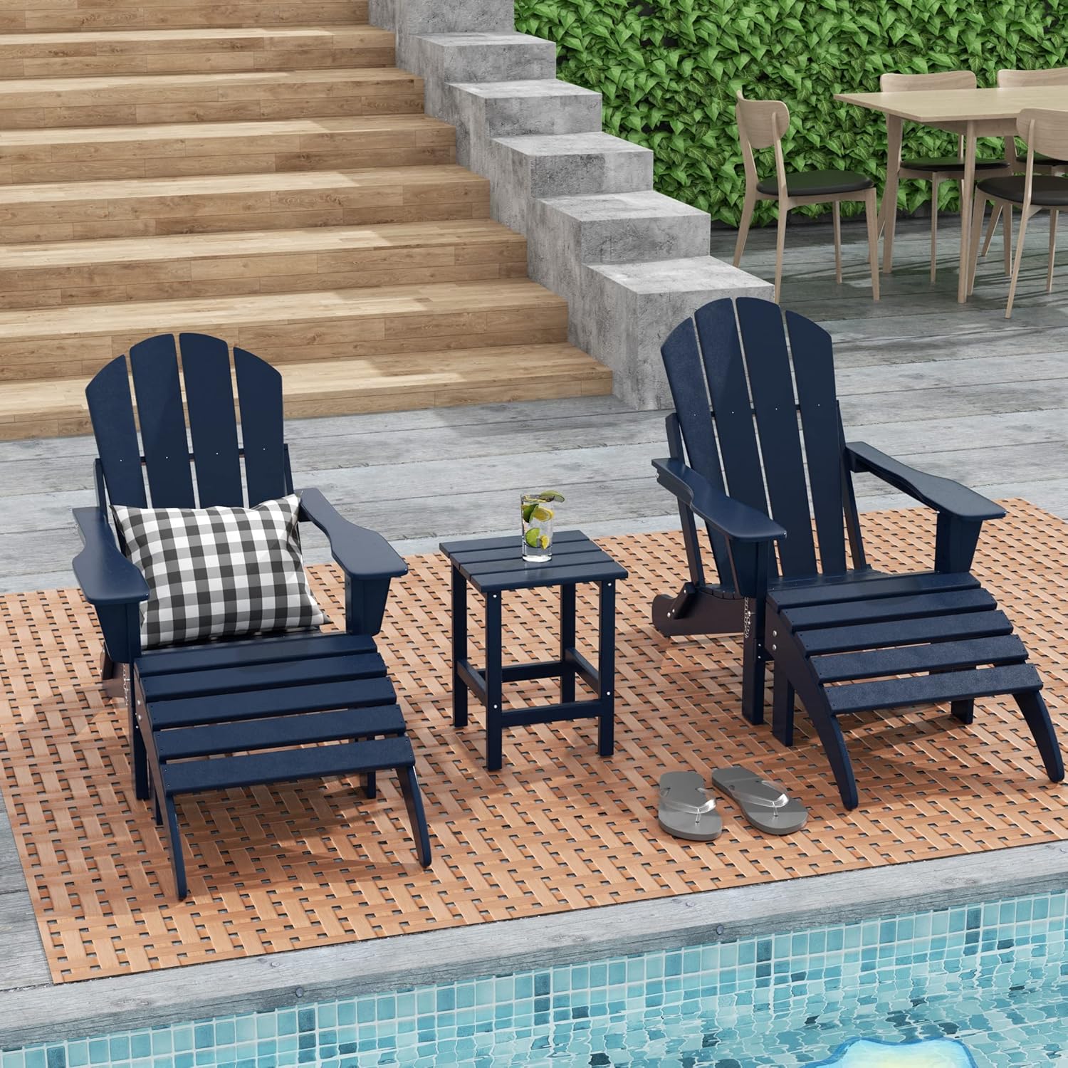 WO Home Furniture HDPE Adirondack Chair Ottoman Side Table Set 5 PCS for Patio Backyard Garden Porch Bon Fire (Navy Blue)