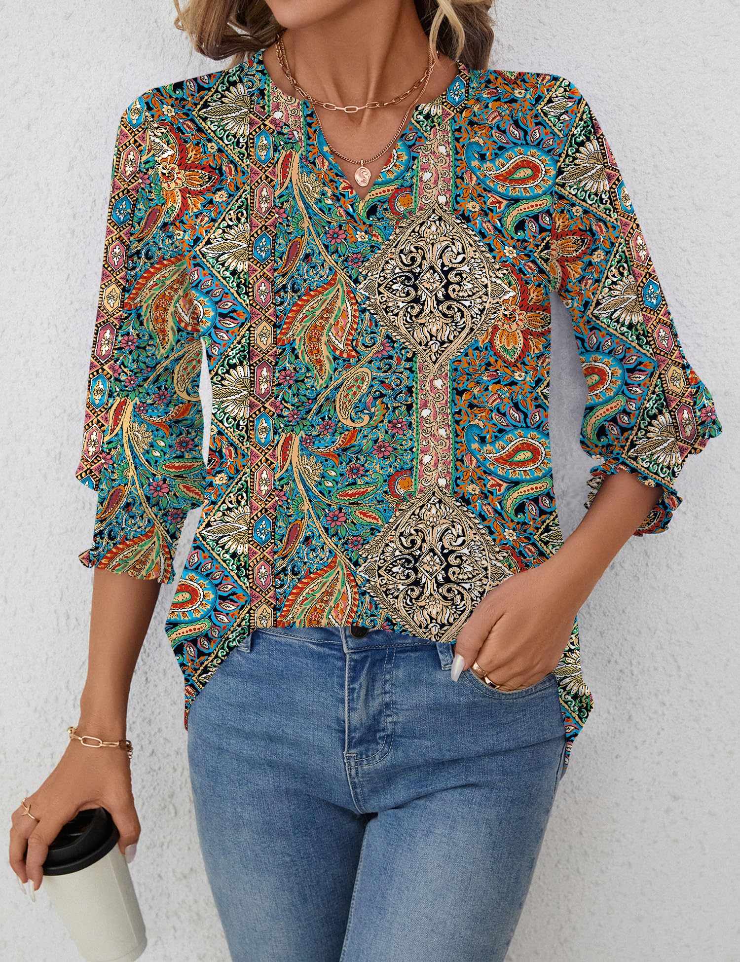 Rapbin Blusa para mujer de manga 3/4 con cuello de pico, túnica, holgada, elegante, informal