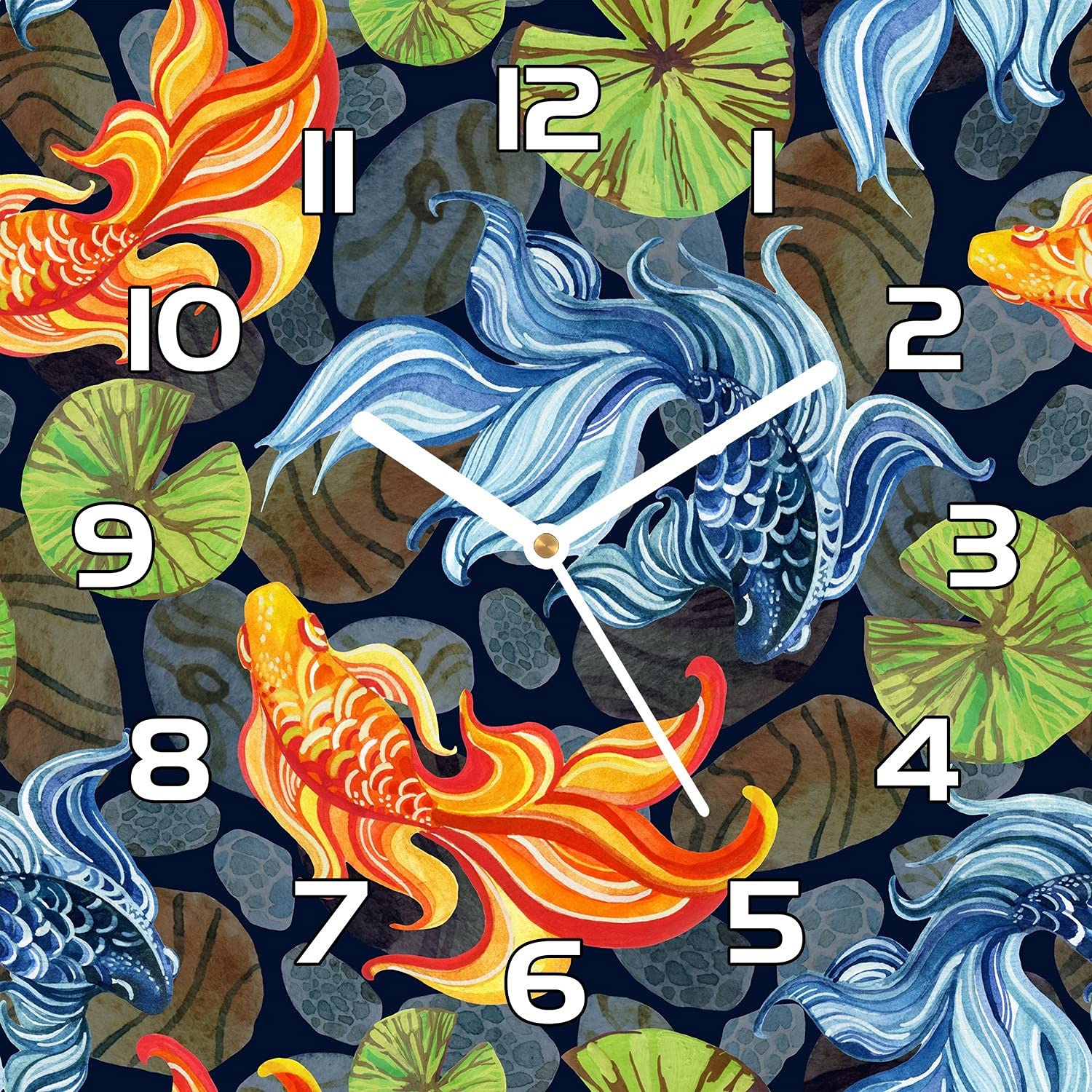 Horloge en verre 30x30 cm poissons rouges orange avec aiguilles blanches