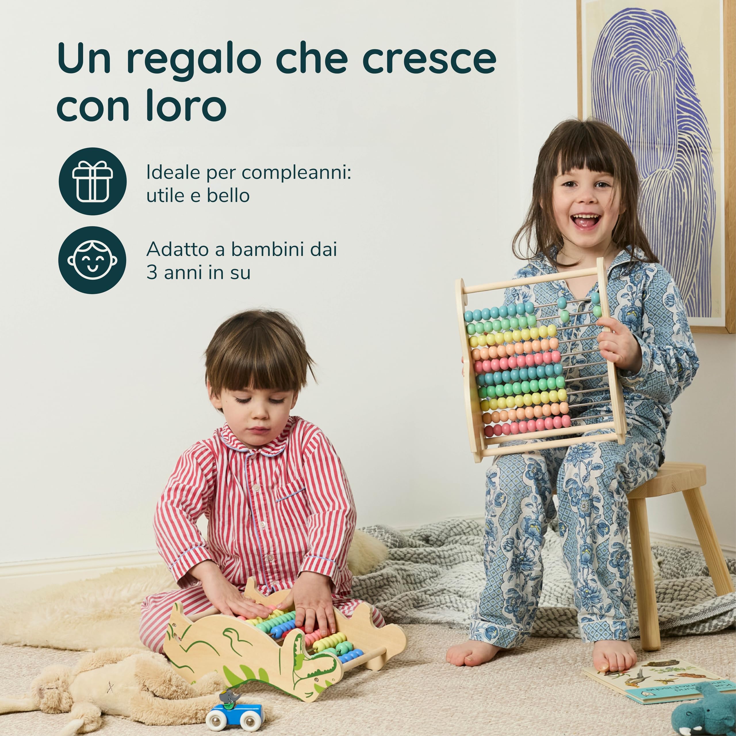 Twig & Leaf Abaco Montessori e Pallottoliere per Bambini in Legno FSC - Abaco Scuola Primaria per Imparare a Contare - Regoli Matematica Verticale e Gioco Educativo Dinosauro per Decine e unità
