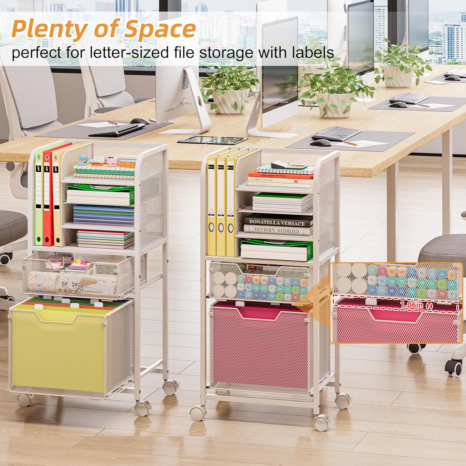 Rolling File Cart with 2 Drawers, White File Cabinet Organizer for Hanging File Folders, Letter-Size File Storage with Wheels, Multi-Layer Mobile Filing Cabinet for Office and Home, White - Image 3