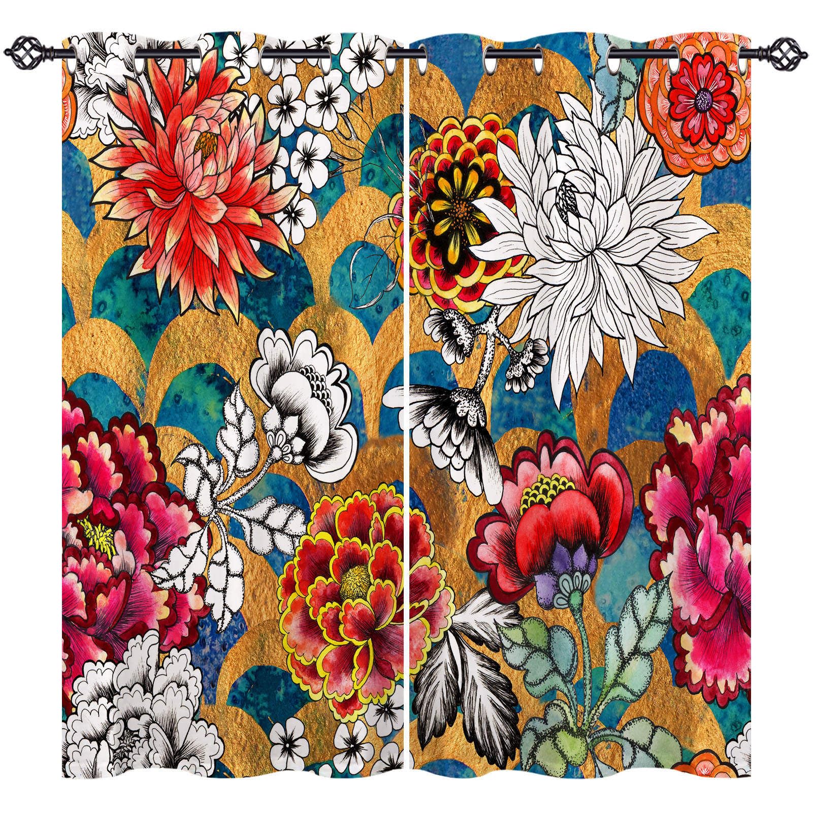 ANHOPE Floral Curtains Eyelet Ring Top Thermal Insulated 80% Blackout Curtains Watercolor Mermaid Scale Wave Flower Print Pattern Decorative Window Drapes for Bedroom Living Room 42 x 63 Inch 2 Panels — image 1