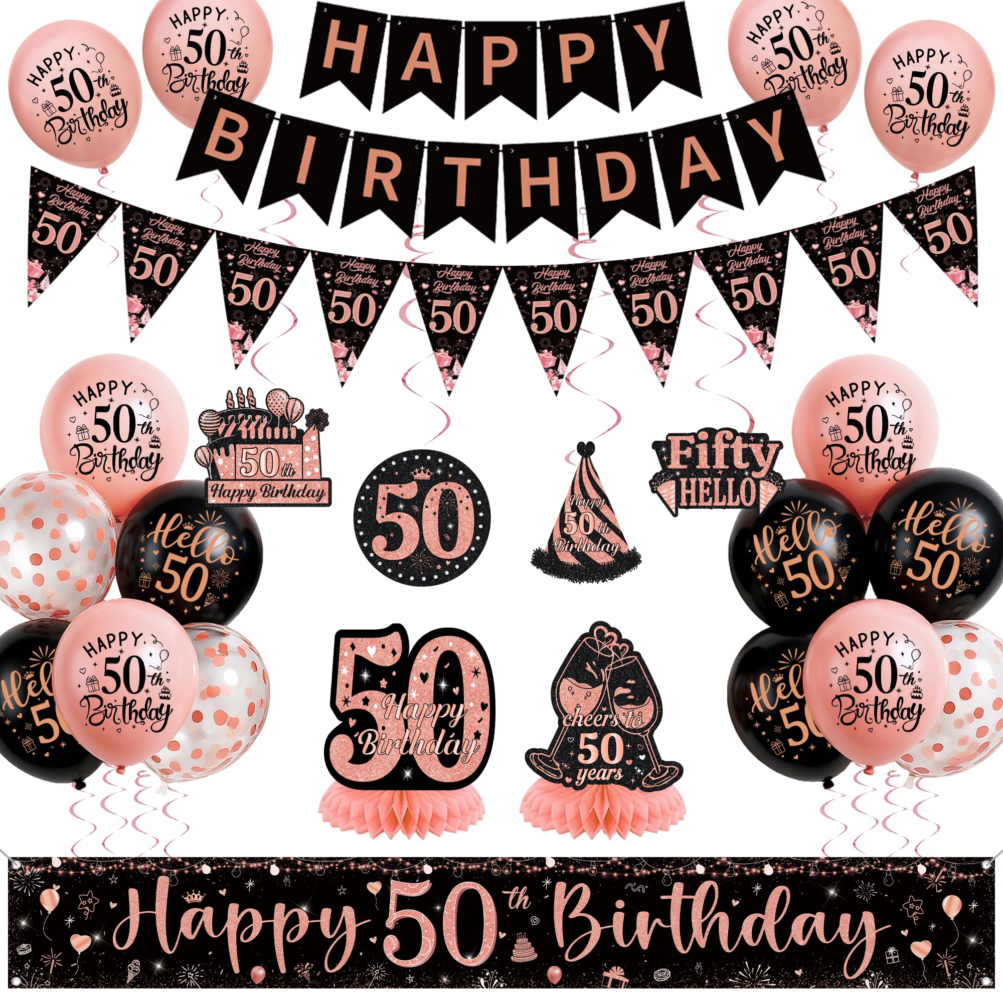 50th Birthday Party Decorations for Women, Rose Gold Black Happy 50th Birthday Yard Banner, Triangular Bunting Hanging Swirls and Honeycomb Centrepieces Balloons for 50 Years Old Party Supplies
