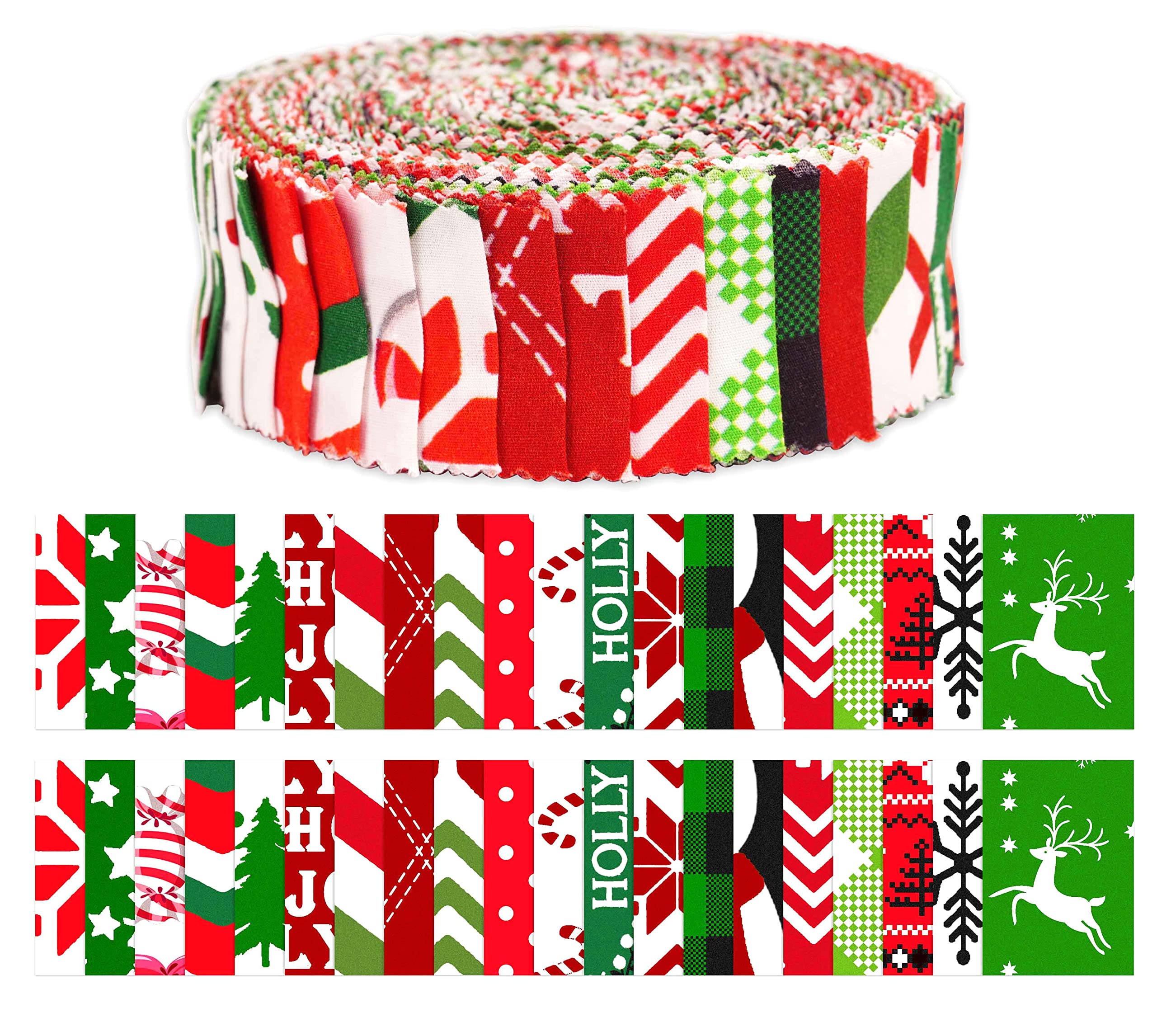 Soimoi 40Pcs Christmas Print Precut Fabrics Strips Roll Up 1.5x42inches Cotton Jelly Rolls for Quilting - Red & Green
