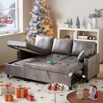 Faux Leather L Shaped Sofa, L Shape Couch, Pull Out Bed with USB and Cup Holder, Storage Cama, Queen Bed, Sleeper Couch for Living Room, Grey