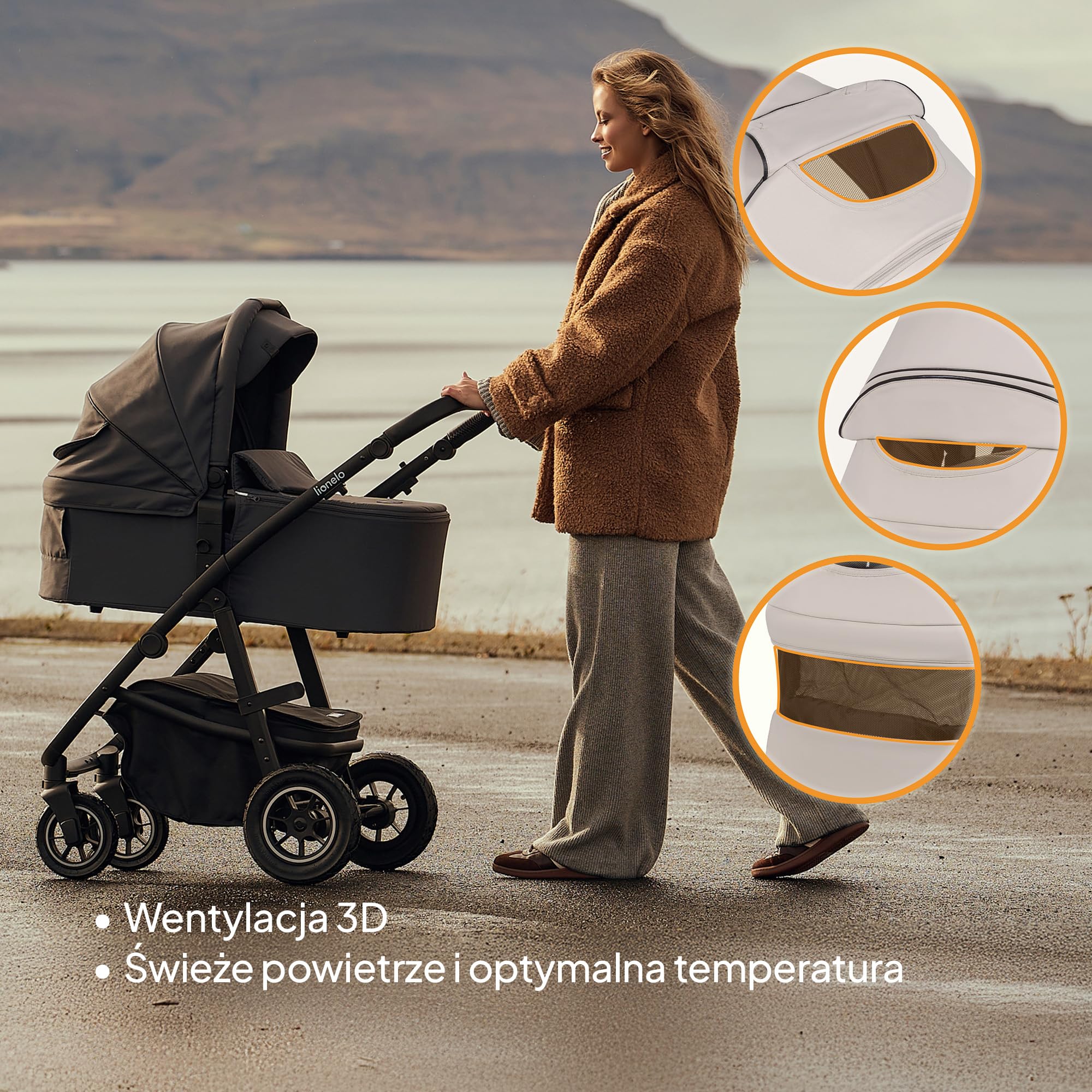 LIONELO AMBER PLUS 2 w 1 Spacerowy Wózek Dziecięcy od 0 do 4 lat do 22kg z Gondolą XL, Regulacja Oparcia, 5 Punktowe Pasy Duże Terenowe Koła 360o Budka XXL Amortyzacja Spacerówka