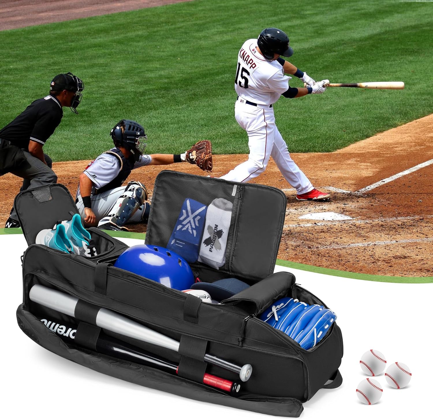 DSLEAF Rolling Baseball Bag with Wheels, Softball Catchers Bag for 4 Bats, Wheeled Baseball Equipment Bag with Separate Shoe Space and Multiple Pockets for All Softball Baseball Gear - Image 7