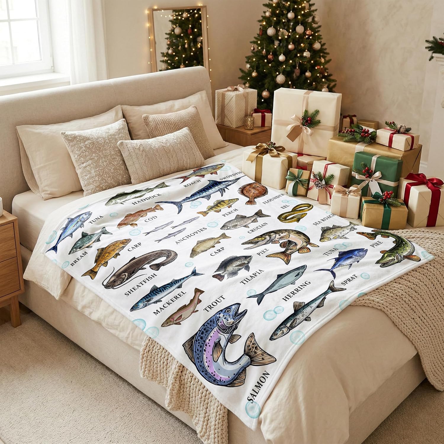 Types of Fish Flannel Fleece Throw Blanket, Ultra Soft Fluffy Fuzzy Blanket for Living Room Bedroom, Fishing Gifts for Dad Grandpa L 80"x60" for Adults