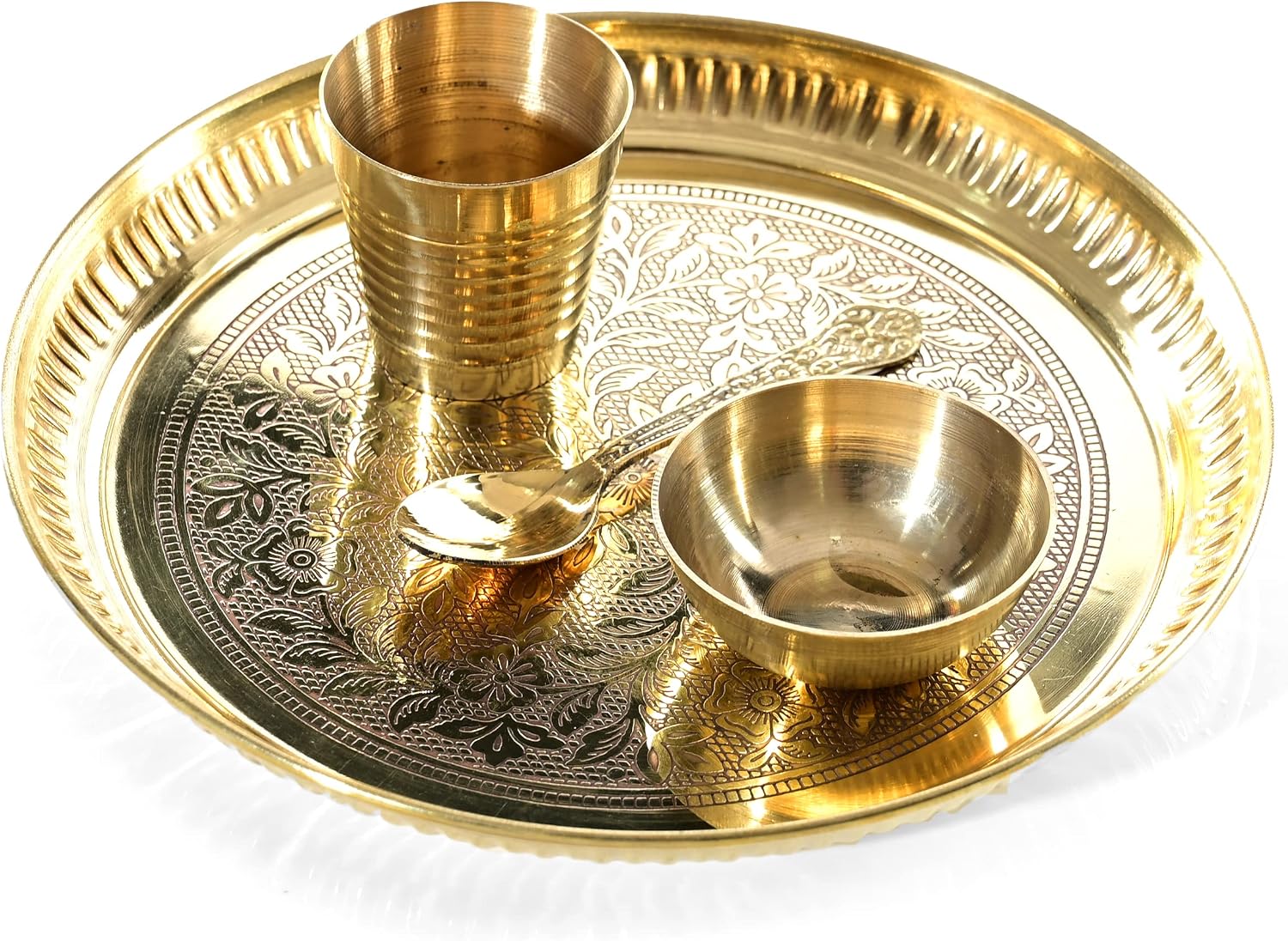Decorative Brass Flower Design Pooja Thali Set of 4 Pcs,Indian Traditional Brass Pooja 1 Plate with 1 Bowl, 1 Glass and 1 Spoon for Temple and Home Bhog Thali Set Gift (Size:-8'')(Golden)