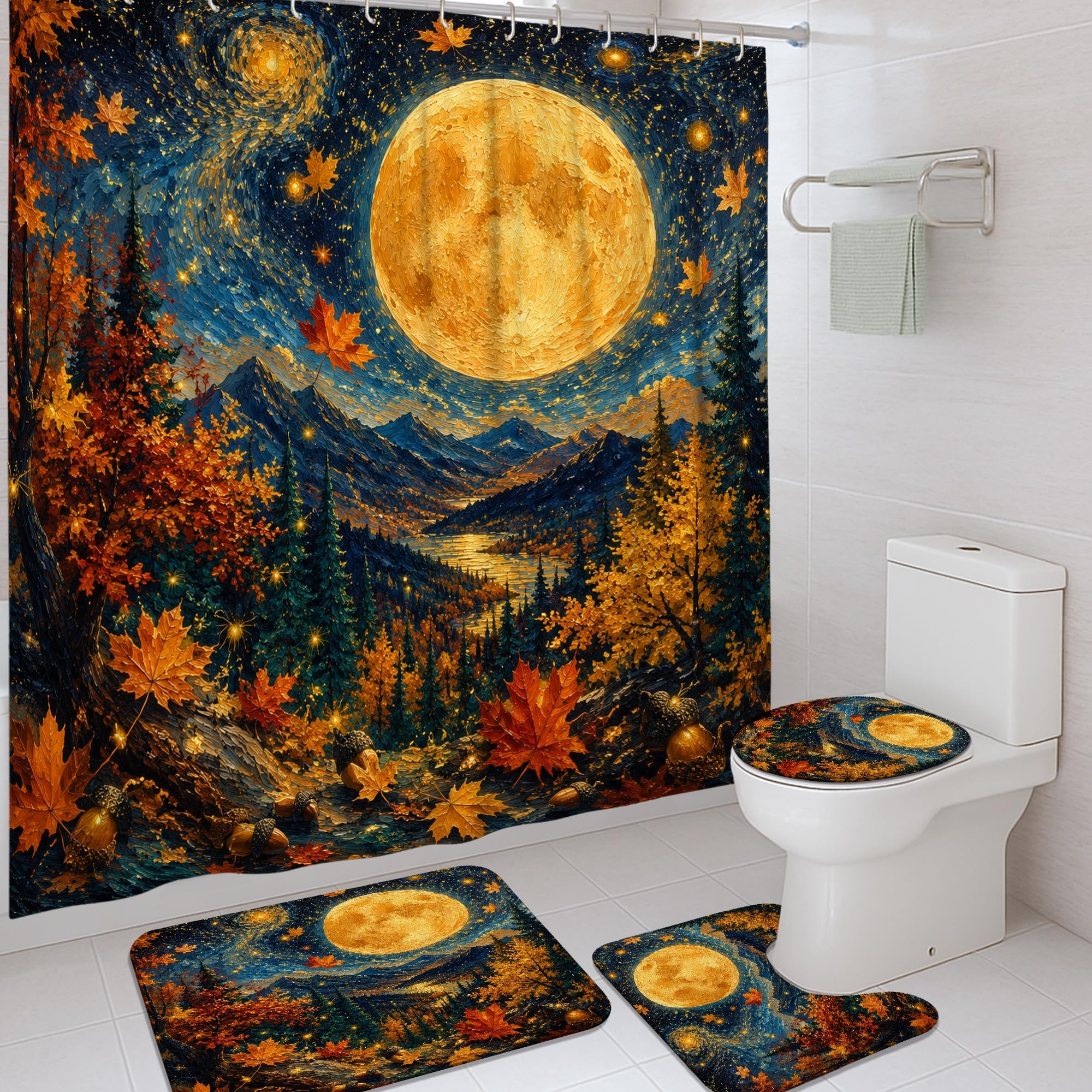 Rideau de douche montagnes feuilles d'automne salle de bain 183 cm