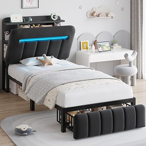Miniatura 16 de Base de cama Queen con cabecera de almacenamiento, marco de cama negro tapizado tamaño Queen con cajones de almacenamiento y estación de carga, cama