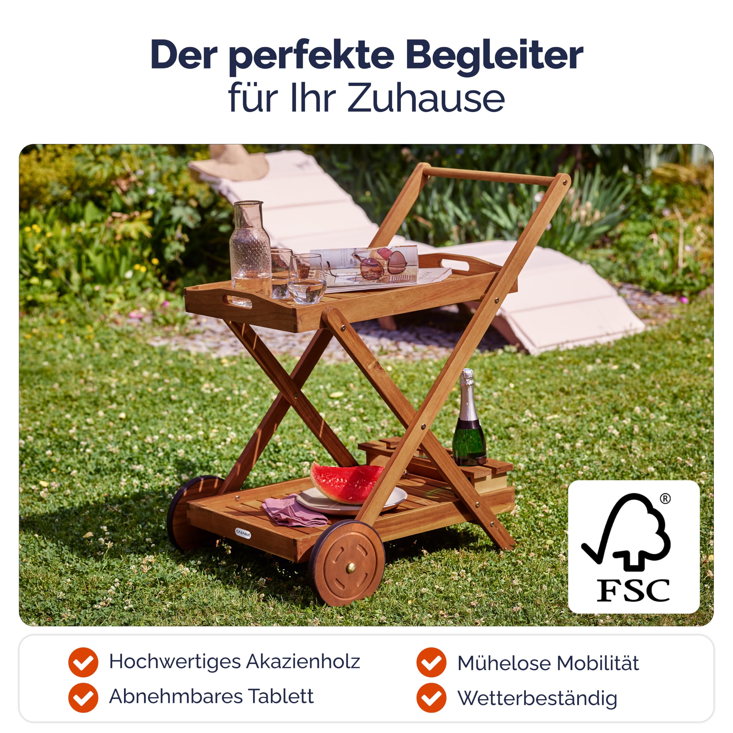 Casaria® Servierwagen mit Rollen Holz FSC®- Zertifiziert Akazie 2 Etagen Tablett 3 Flaschenhalter Outdoor Küche Garten Terrasse Küchenwagen Rollwagen
