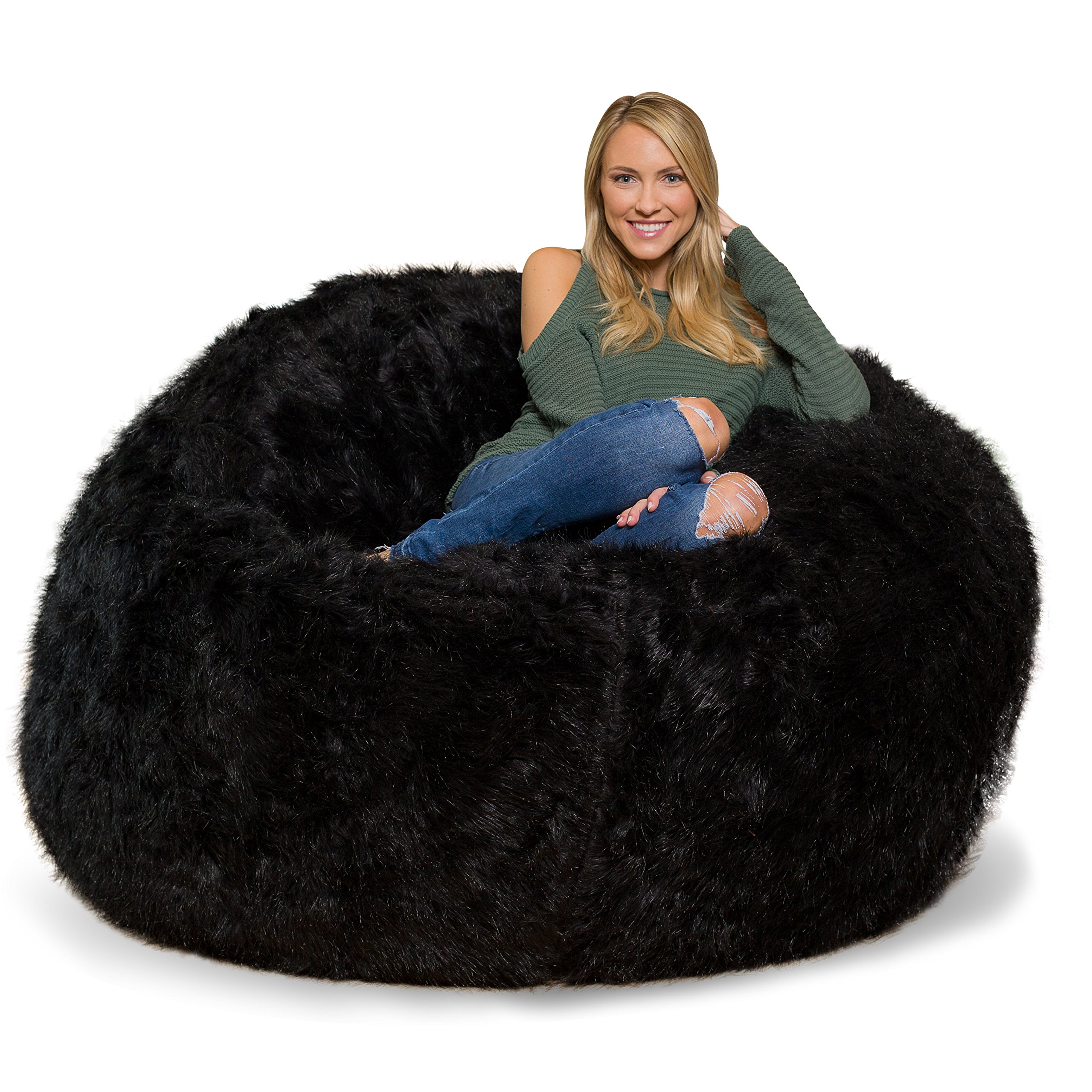 Comfy Sacks Memory Foam Bean Bag Chair, Black Furry