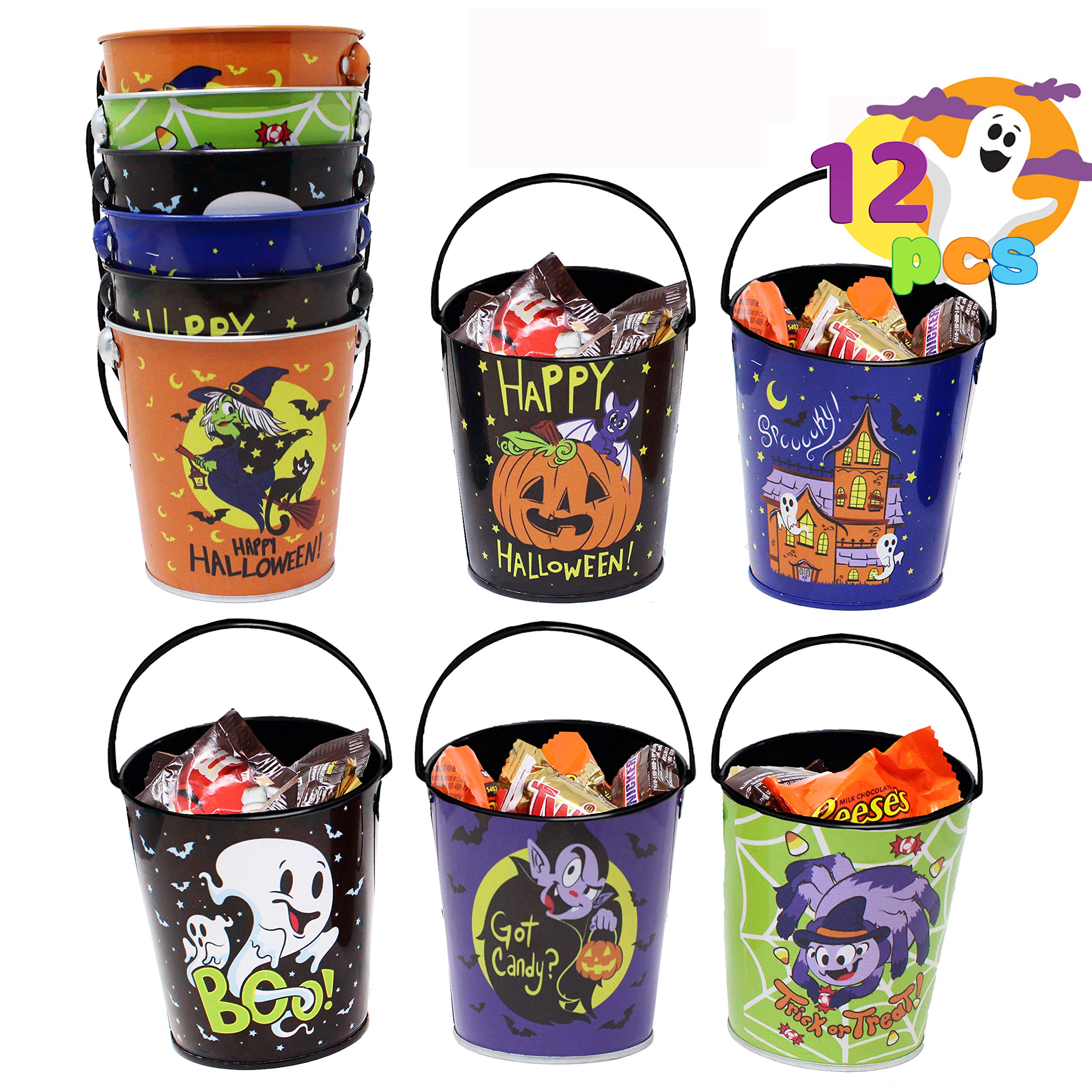 JOYIN 12 PCS Halloween Trick-or-Treat Buckets Metal Pail Candy Bowl Holder for Trick-or-Treating, Halloween Party Favor Supplies