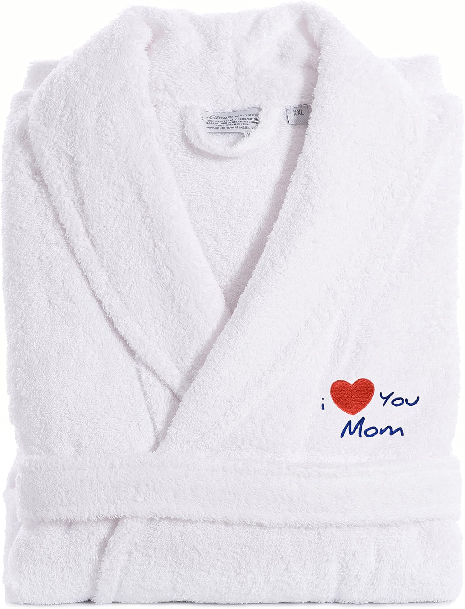 Linum Home Textiles TR00-SM-LMOM I Love You Mom Embroidered White Terry Bathrobe, Small/Medium, Navy