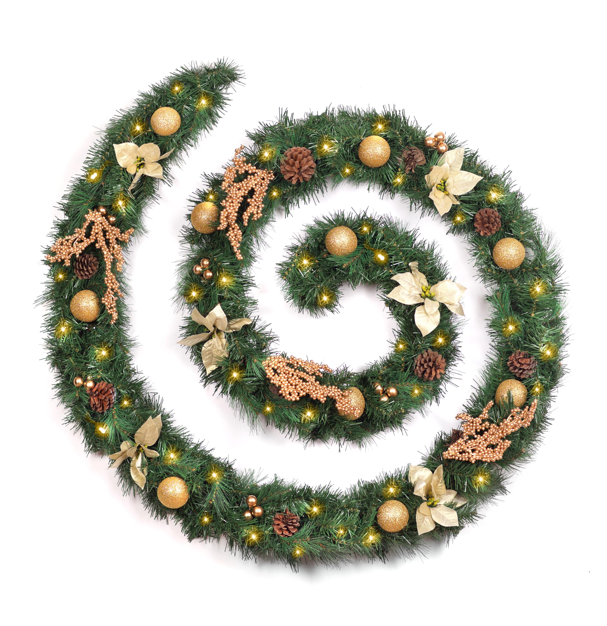 Best Artificial Green Cream Gold Decorated Christmas Garland With 100 Warm White Led Battery Lights (12Ft Garland)