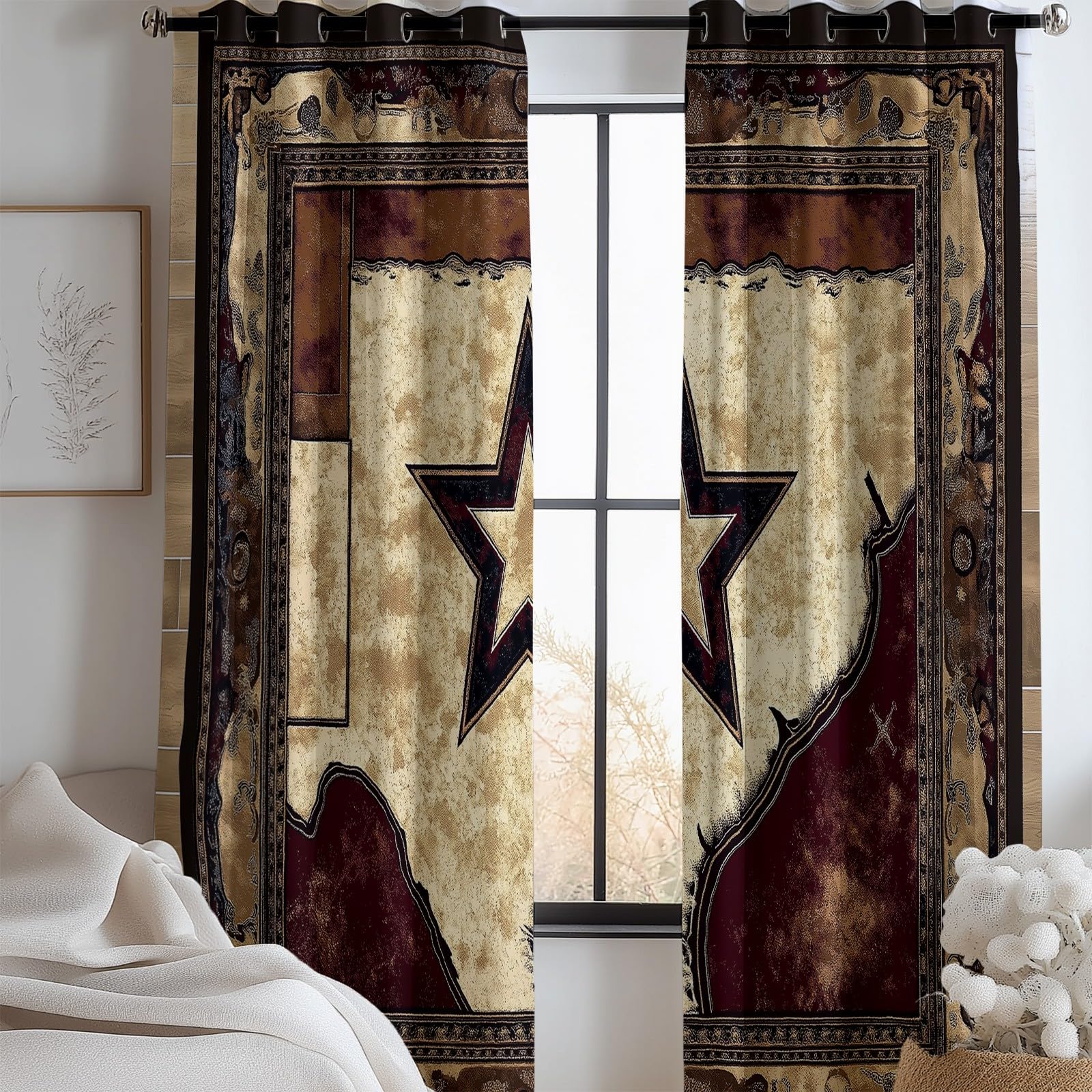 Cortinas Marrón Oscuro con Ollaos Ventana Aislantes 3D Estampado Estrellas Retro de Vaqueros del Oeste Motivos - Salón Opacas Aislantes Térmicas Cortinas Ventanas 140An x 260Al cm (2 Paneles)